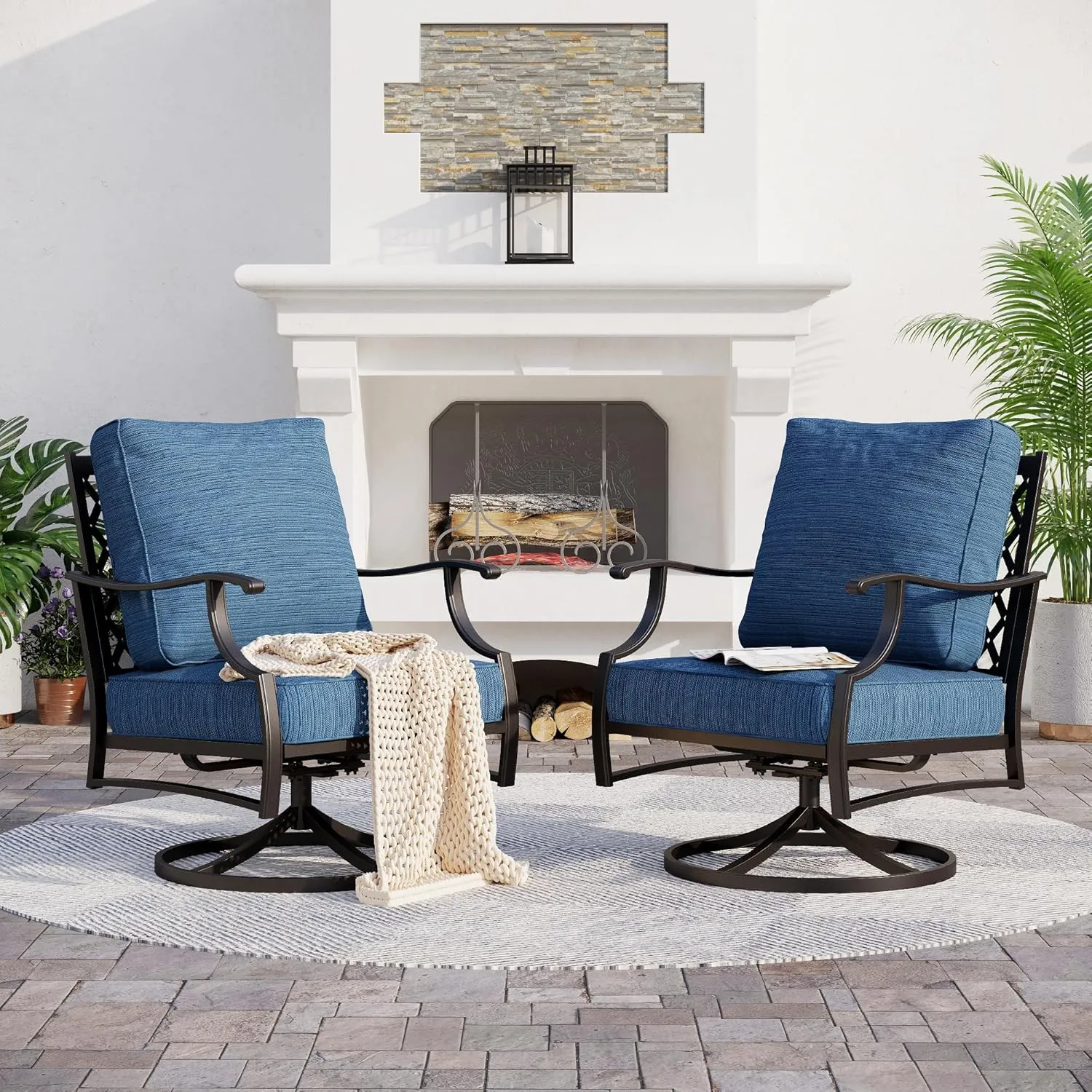 Metal Outdoor Swivel Patio Chairs Set of 2 with 5.75" Extra Thick Cushion, 2 Piece High Back Swivel Rocker Patio Chairs Outdoor Furniture Seating for Deck Balcony Front Porch, Blue-2