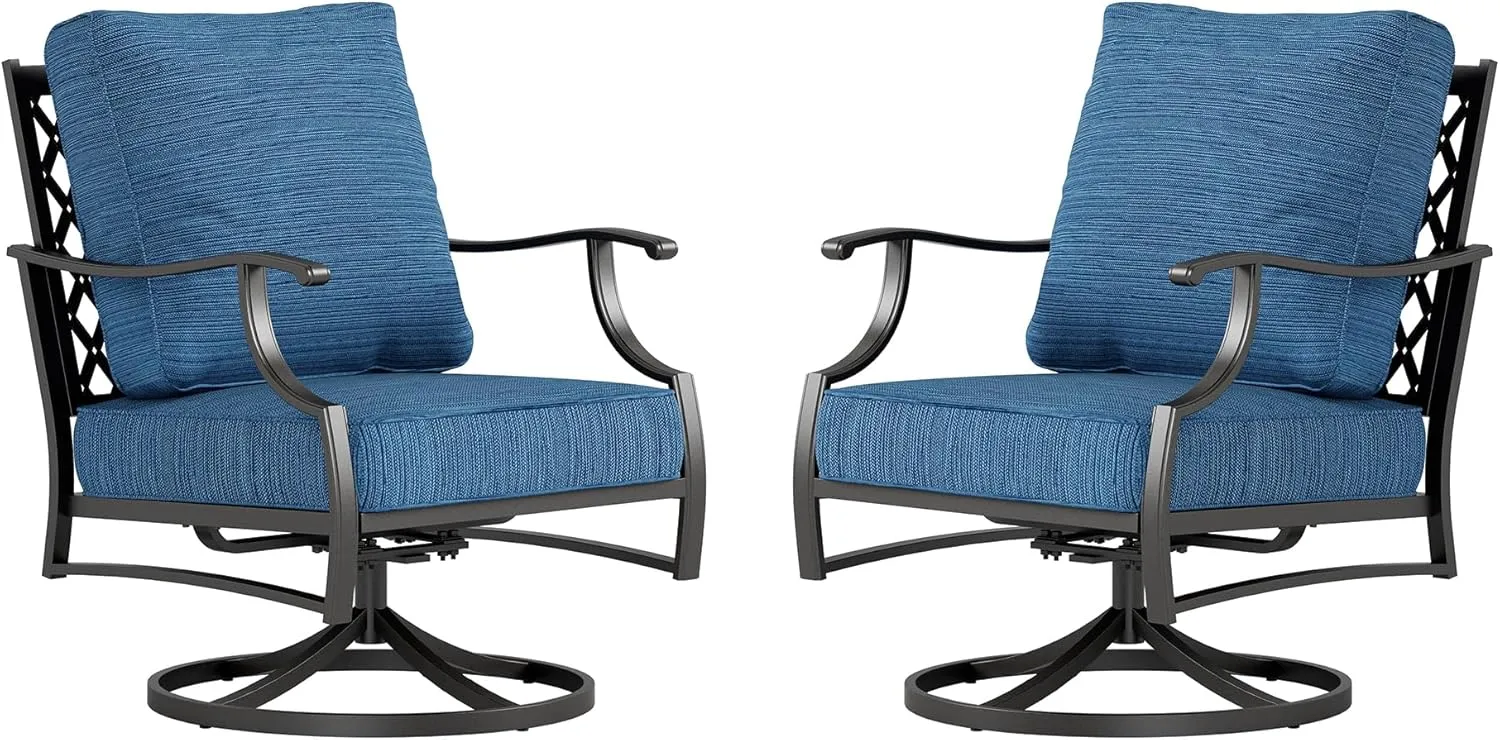 Metal Outdoor Swivel Patio Chairs Set of 2 with 5.75" Extra Thick Cushion, 2 Piece High Back Swivel Rocker Patio Chairs Outdoor Furniture Seating for Deck Balcony Front Porch, Blue-2