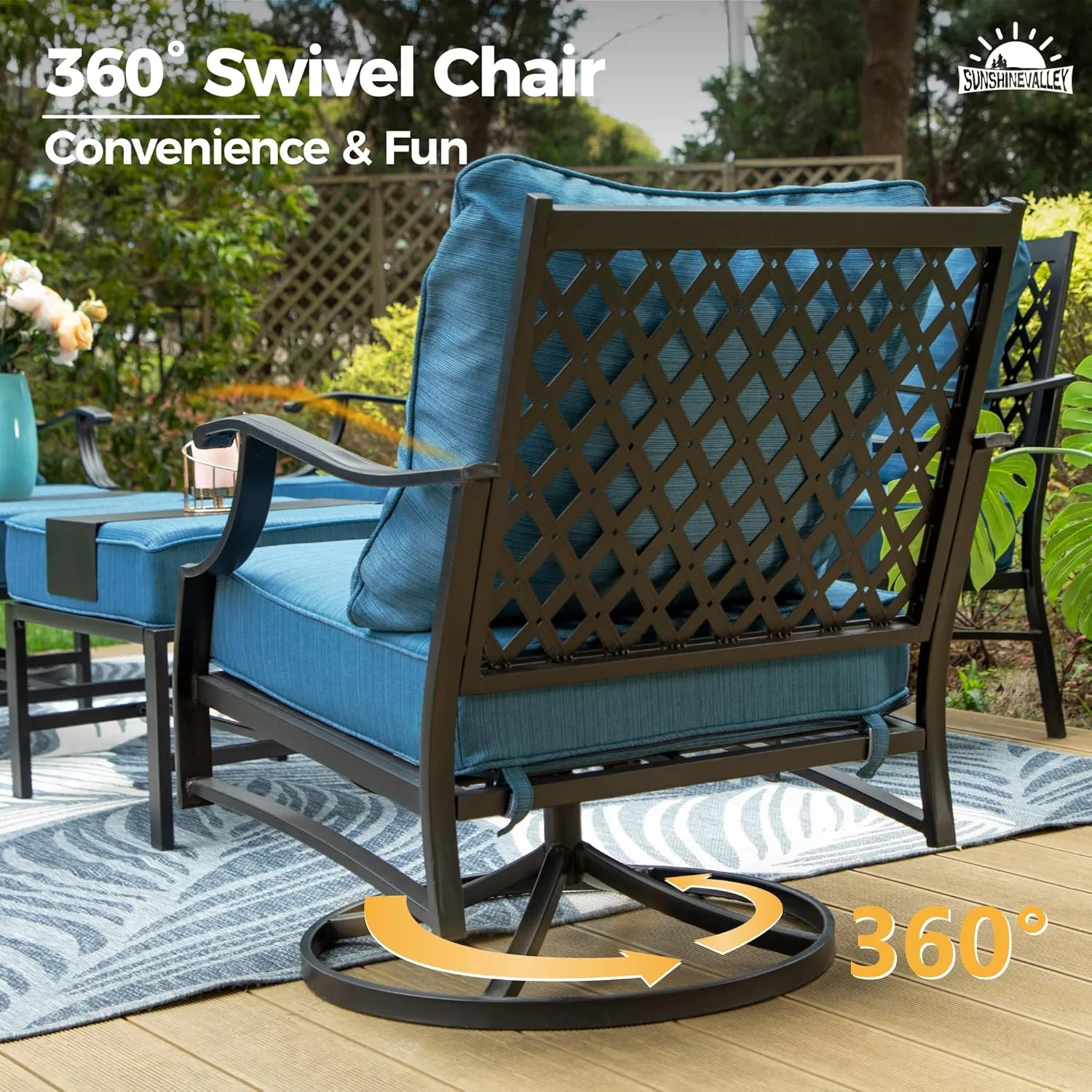 Metal Outdoor Swivel Patio Chairs Set of 2 with 5.75" Extra Thick Cushion, 2 Piece High Back Swivel Rocker Patio Chairs Outdoor Furniture Seating for Deck Balcony Front Porch, Blue-2