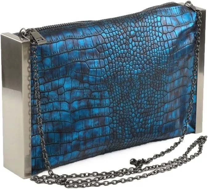 Metallic Alligator Print with Metal Frame Clutch Bag