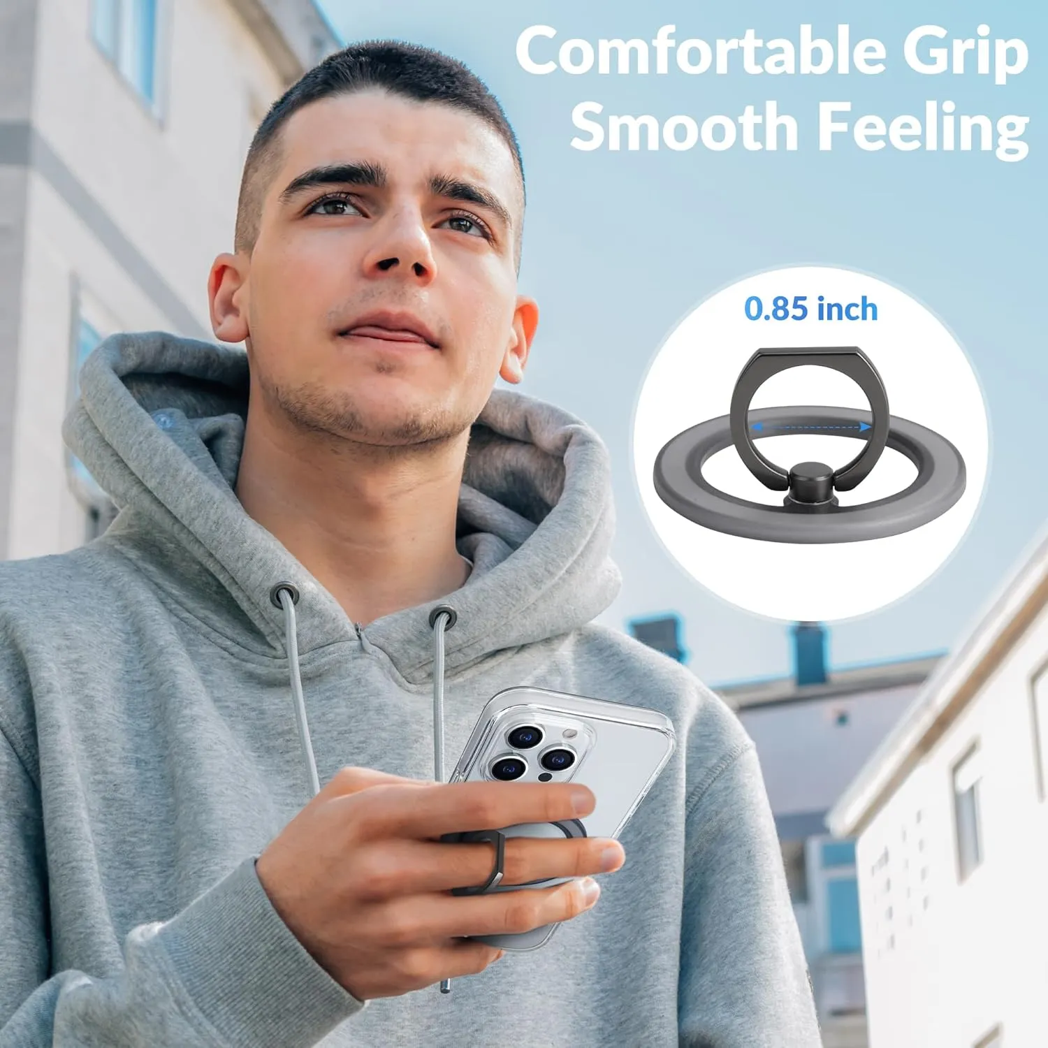 metisinno Magnetic Phone Ring Holder for iPhone 16 15 14 13 12 Magsafe Case - Magnetic Phone Grip - Adjustable Phone Finger Ring Grip - Remove for Wireless Charging Compatible - Black Translucent
