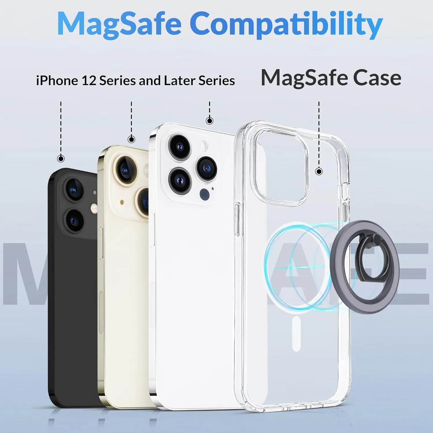 metisinno Magnetic Phone Ring Holder for iPhone 16 15 14 13 12 Magsafe Case - Magnetic Phone Grip - Adjustable Phone Finger Ring Grip - Remove for Wireless Charging Compatible - Black Translucent