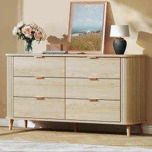 Mid Century Modern Dresser, Fluted 6 Drawers Dresser for Bedroom, Curved Profile Design, Wide Wood Chests of Drawers Storage for Living Room, Entryway, Hallway, Oak