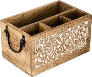 Mie Creations 4 Compartment Wooden Silverware Caddy Utensil Holder, Farmhouse Cutlery Flatware Organizer, Decorative Wood Caddy with Metal Handles for Kitchen, Buffet Party, Mothers Day Gift for Mom