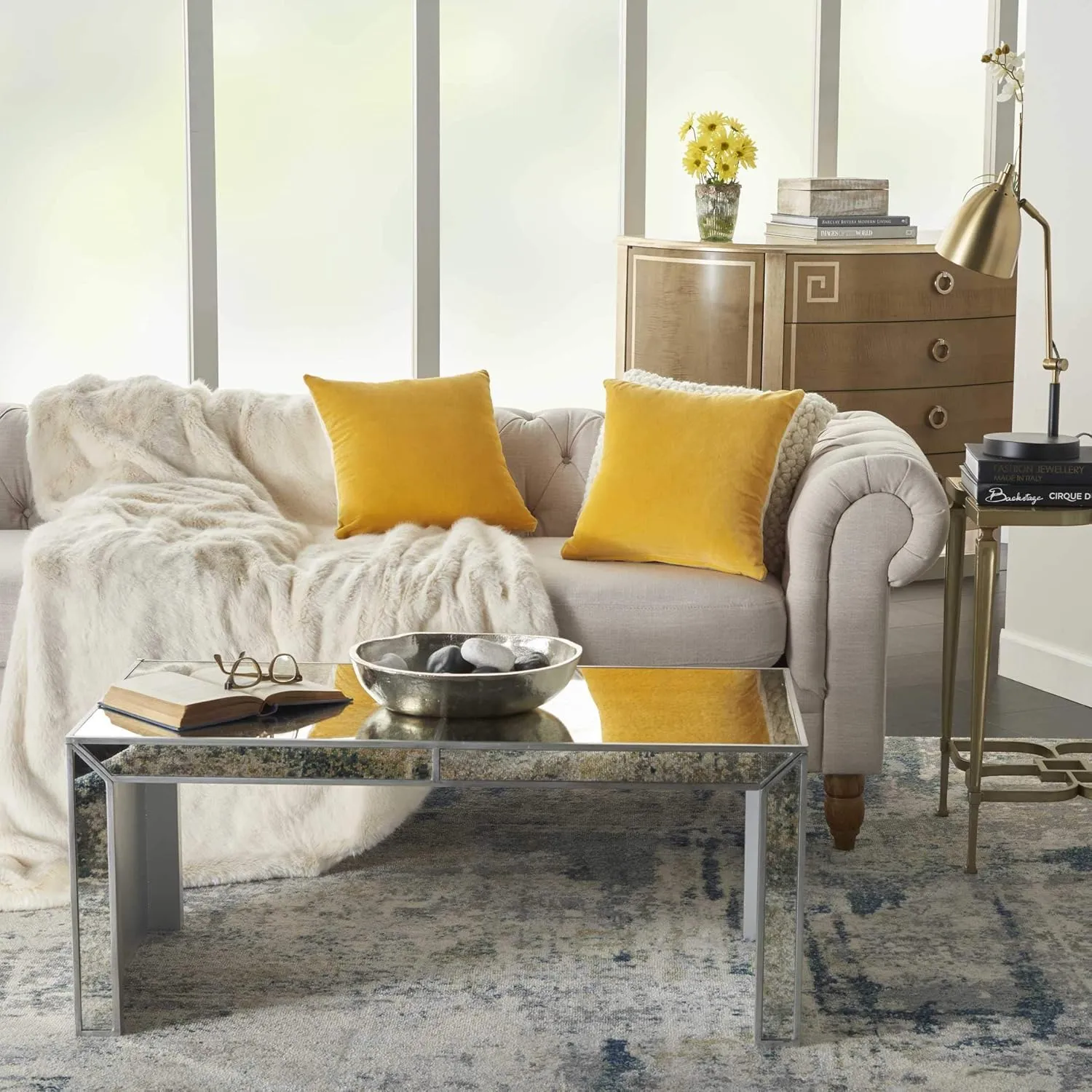 Mina Victory SS999 Pack of 2 Life Styles Velvet Yellow Throw Pillow Cover Set 16" x 16", 2 Pieces, 16"x16"