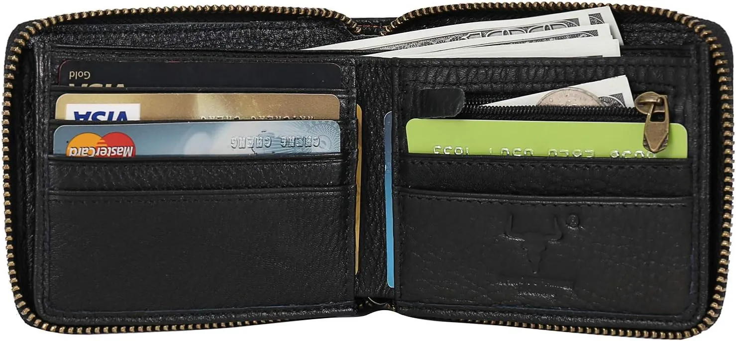 MING CLAN Zipper Wallet Men RFID Blocking Leather Bifold Wallets For Men - Flap ID Window Zip Coin Pocket Mens Zipper Wallets - Big Capacity Credit Card Travel Wallet (Black)