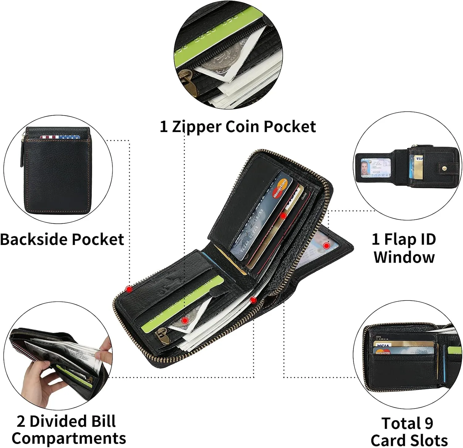MING CLAN Zipper Wallet Men RFID Blocking Leather Bifold Wallets For Men - Flap ID Window Zip Coin Pocket Mens Zipper Wallets - Big Capacity Credit Card Travel Wallet (Black)