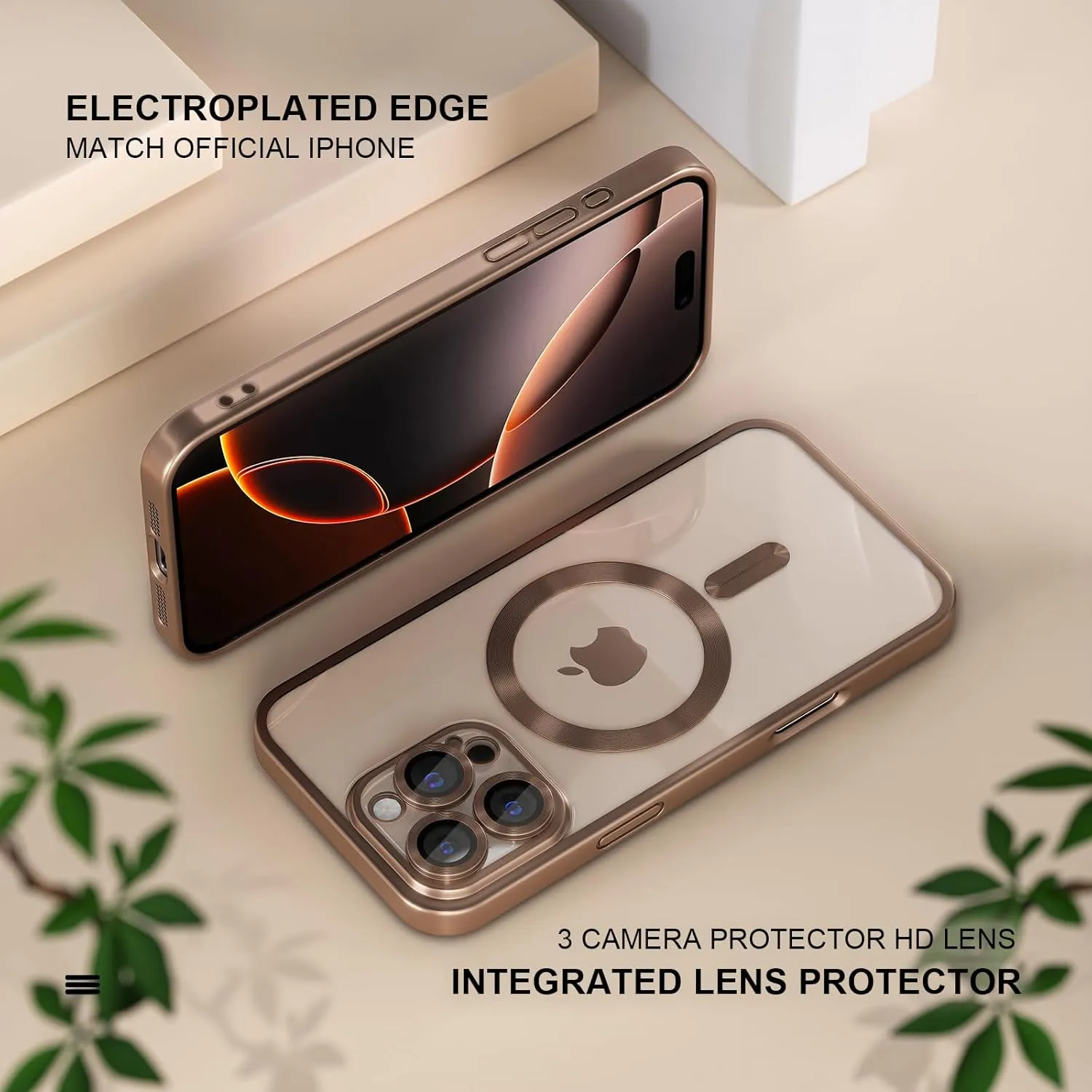 Misea Magnetic for iPhone 16 Pro Max Case with MagSafe [Never Yellowing] [Military Grade Drop Protection] Full Camera Lens Protector Plating Soft Clear Phone Case for Women Girls, Titanium Desert