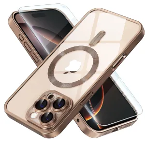 Misea Magnetic for iPhone 16 Pro Max Case with MagSafe [Never Yellowing] [Military Grade Drop Protection] Full Camera Lens Protector Plating Soft Clear Phone Case for Women Girls, Titanium Desert