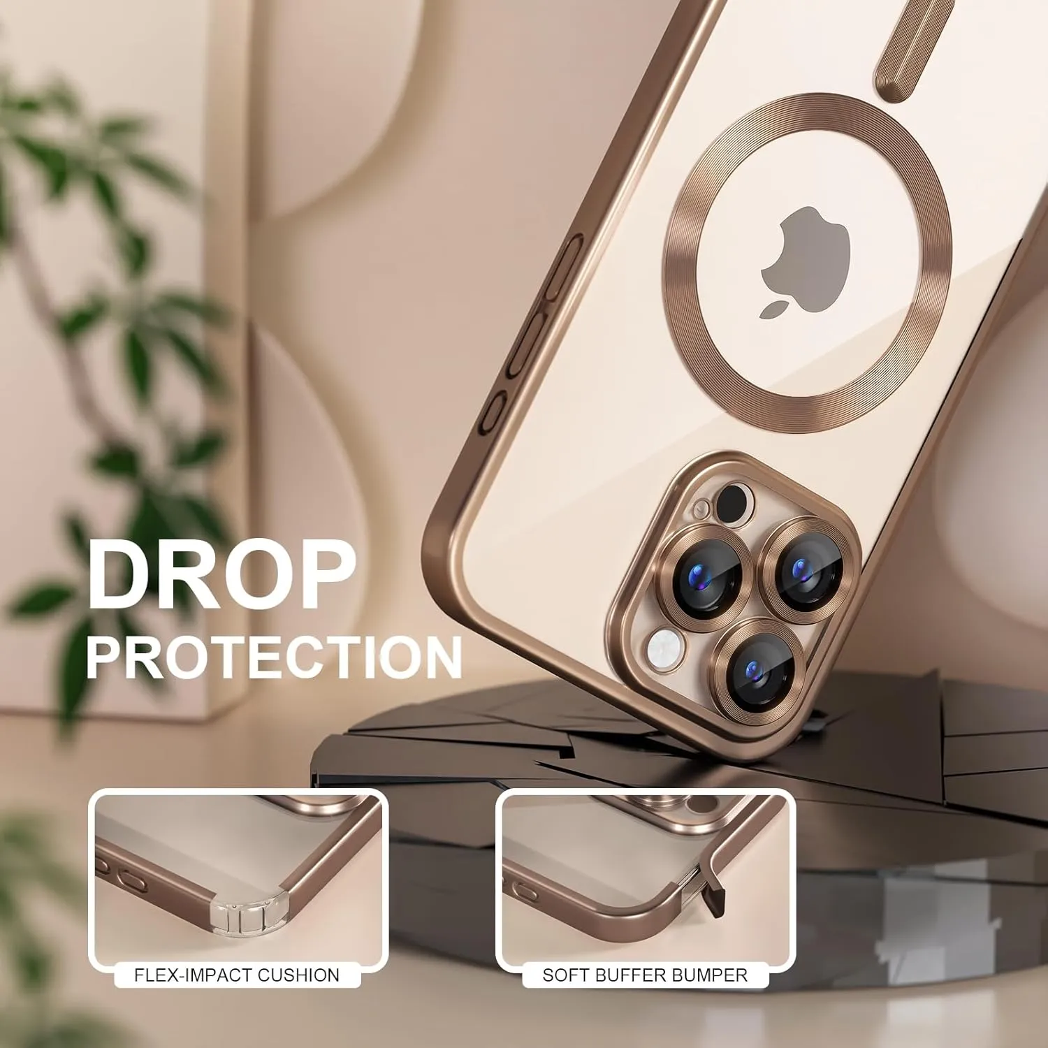 Misea Magnetic for iPhone 16 Pro Max Case with MagSafe [Never Yellowing] [Military Grade Drop Protection] Full Camera Lens Protector Plating Soft Clear Phone Case for Women Girls, Titanium Desert