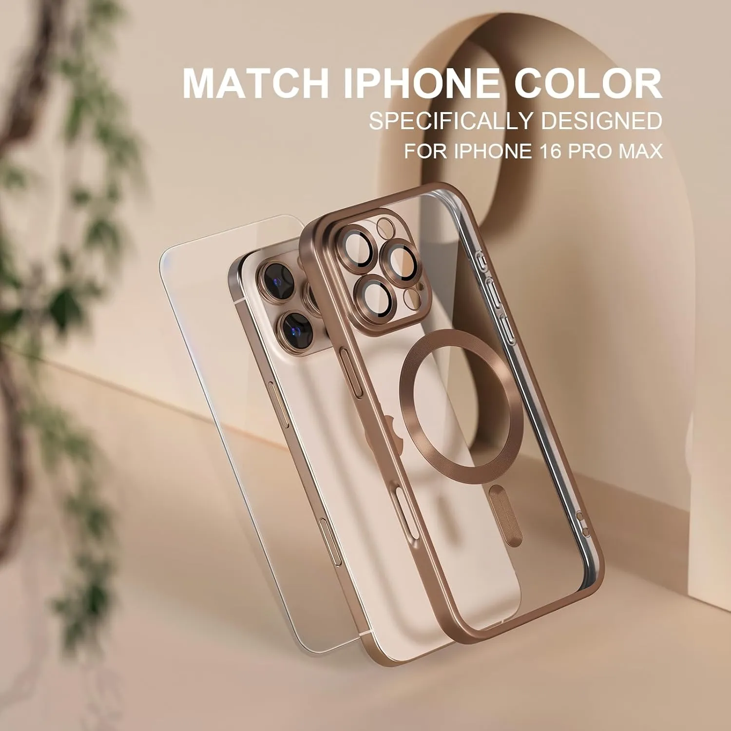 Misea Magnetic for iPhone 16 Pro Max Case with MagSafe [Never Yellowing] [Military Grade Drop Protection] Full Camera Lens Protector Plating Soft Clear Phone Case for Women Girls, Titanium Desert