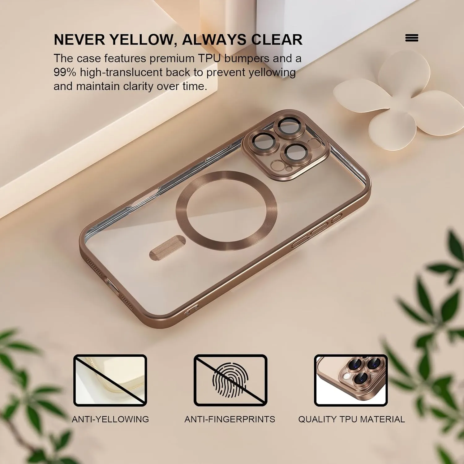Misea Magnetic for iPhone 16 Pro Max Case with MagSafe [Never Yellowing] [Military Grade Drop Protection] Full Camera Lens Protector Plating Soft Clear Phone Case for Women Girls, Titanium Desert