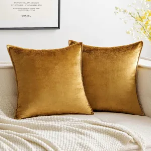 MIULEE Pack of 2 Dark Gold Decorative Velvet Throw Pillow Cover Soft Pillowcase Solid Square Cushion Case for Sofa Bedroom Car 16x16 Inch