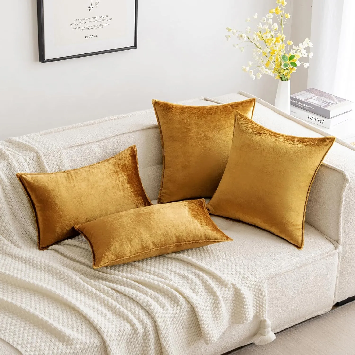MIULEE Pack of 2 Dark Gold Decorative Velvet Throw Pillow Cover Soft Pillowcase Solid Square Cushion Case for Sofa Bedroom Car 16x16 Inch