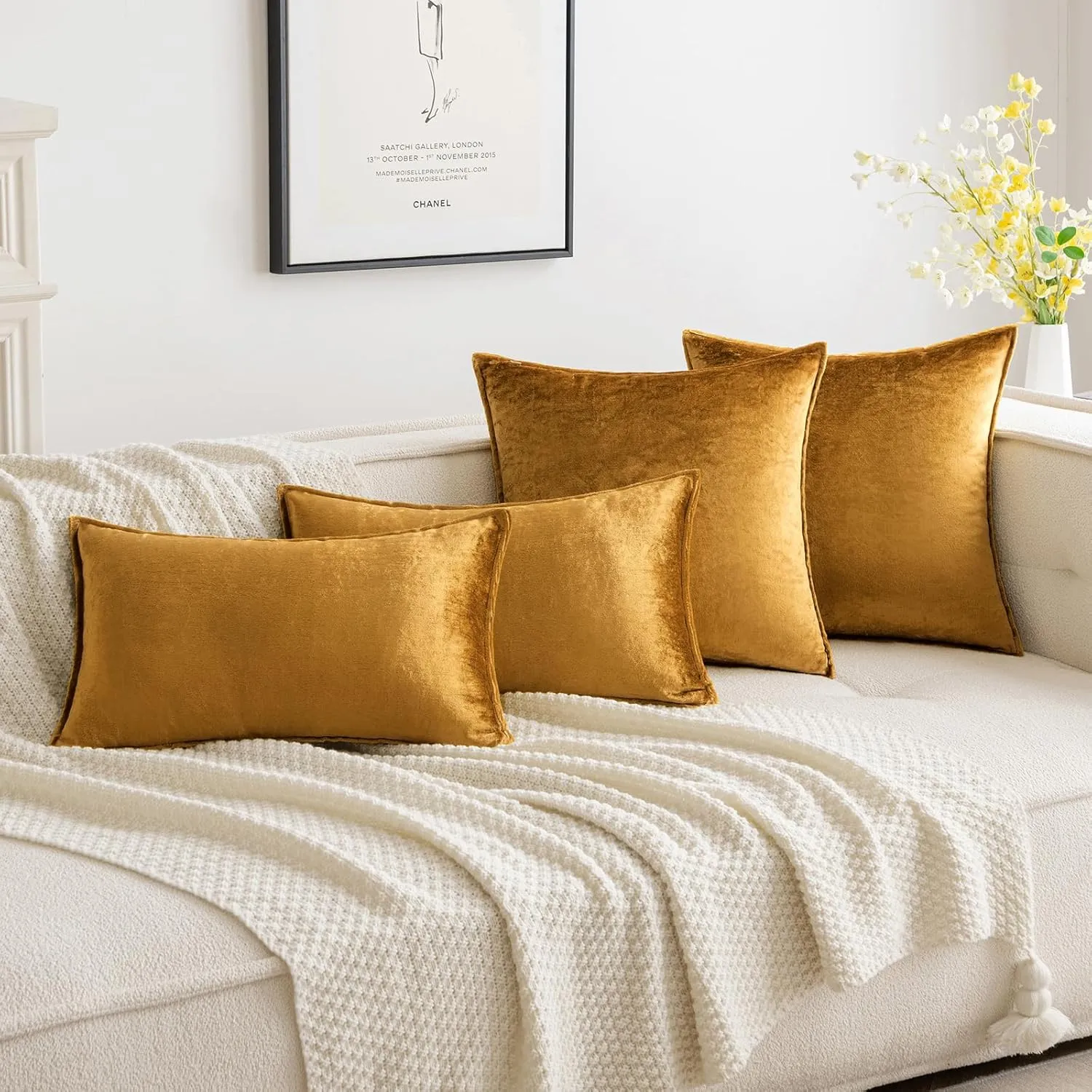 MIULEE Pack of 2 Dark Gold Decorative Velvet Throw Pillow Cover Soft Pillowcase Solid Square Cushion Case for Sofa Bedroom Car 16x16 Inch