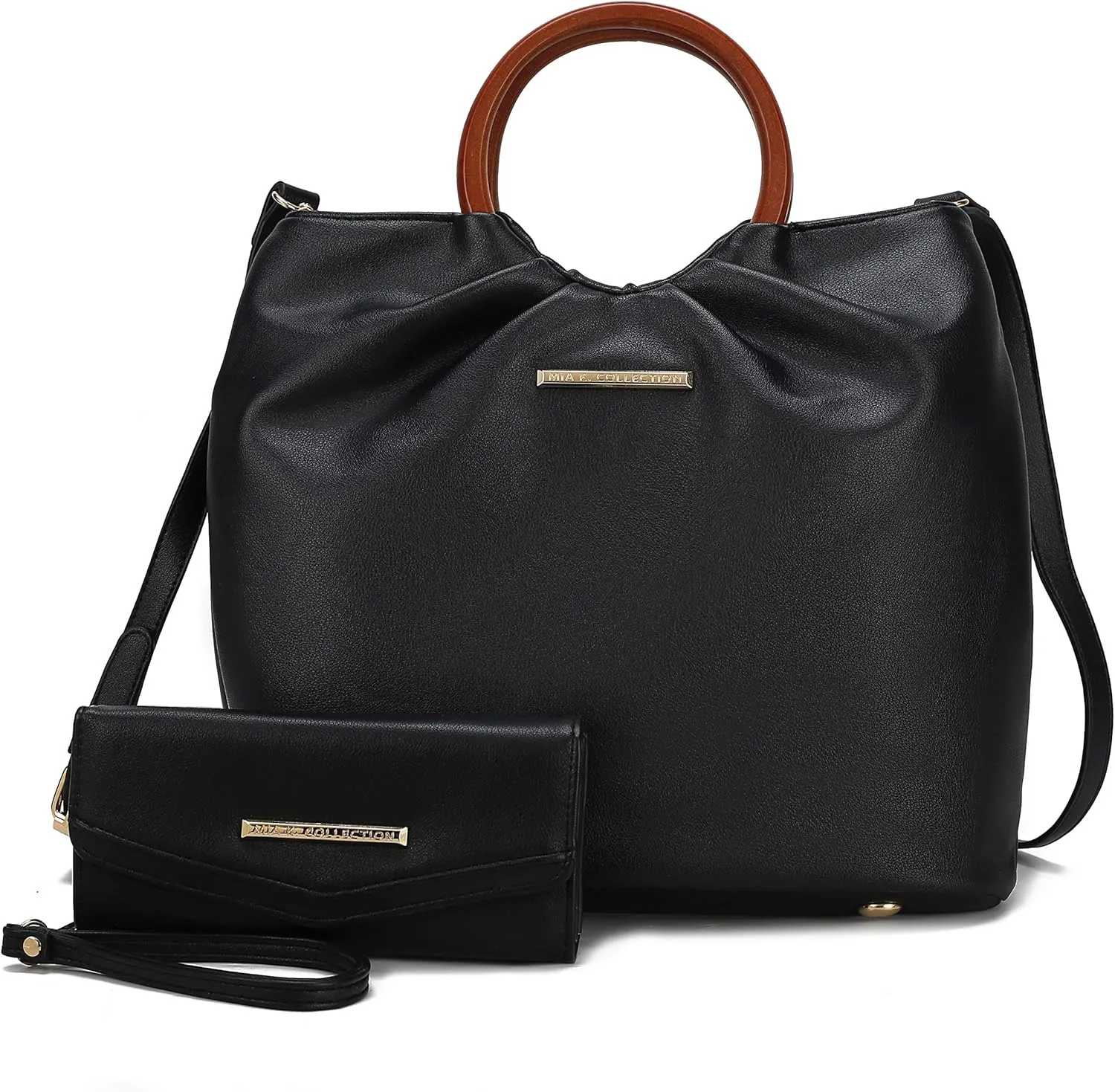 MKF Collection Tote Bag Set for Women, Vegan Leather Circular Wooden Top-Handle Shoulder Handbag Purse With Wristlet Wallet