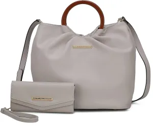 MKF Collection Tote Bag Set for Women, Vegan Leather Circular Wooden Top-Handle Shoulder Handbag Purse With Wristlet Wallet
