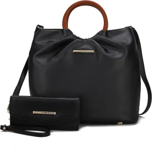 MKF Collection Tote Bag Set for Women, Vegan Leather Circular Wooden Top-Handle Shoulder Handbag Purse With Wristlet Wallet