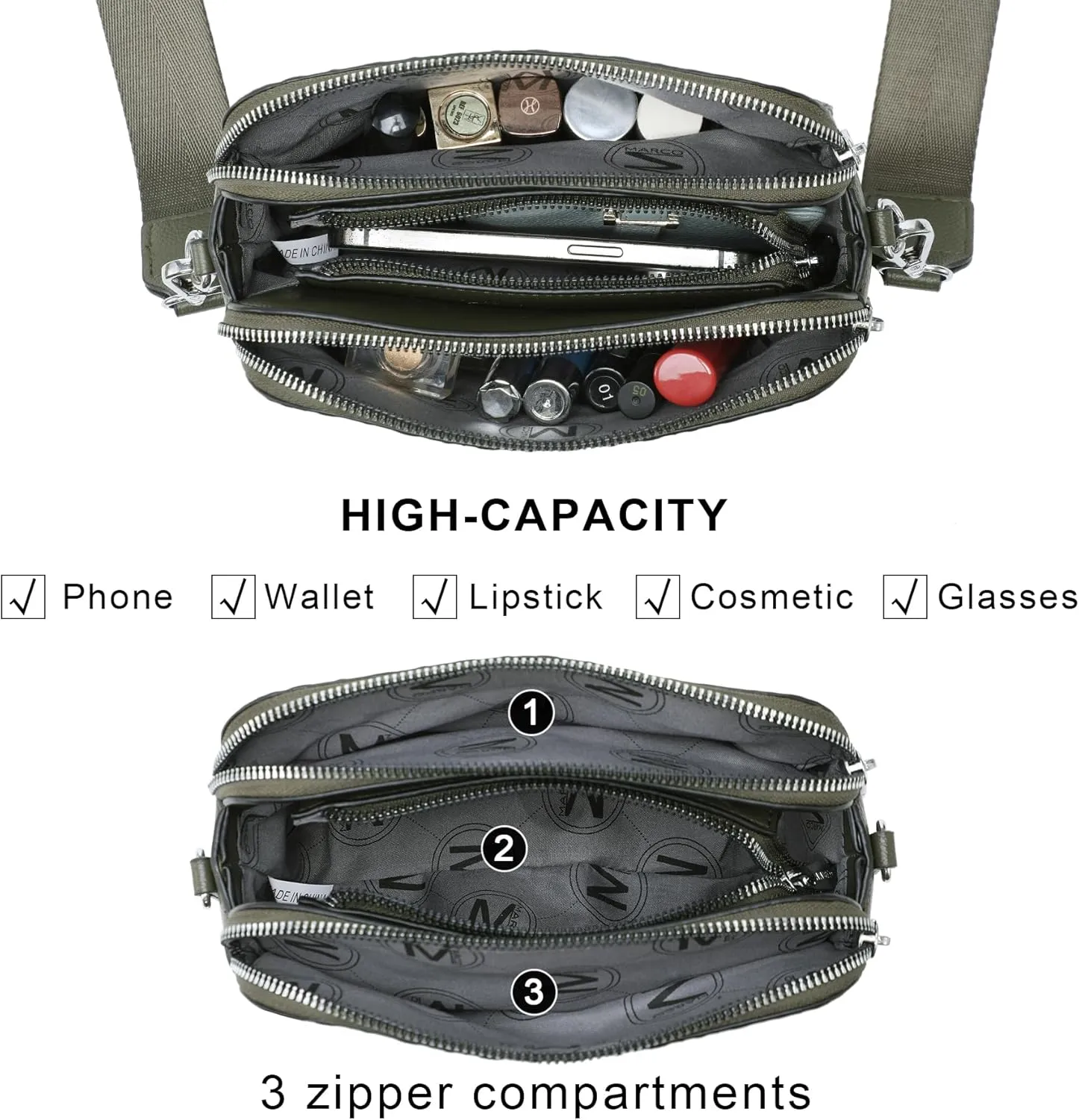 MKP COLLECTION Crossbody Bags for Women Small Shoulder Purses with Adjustable Wide Strap, Triple Zip Design