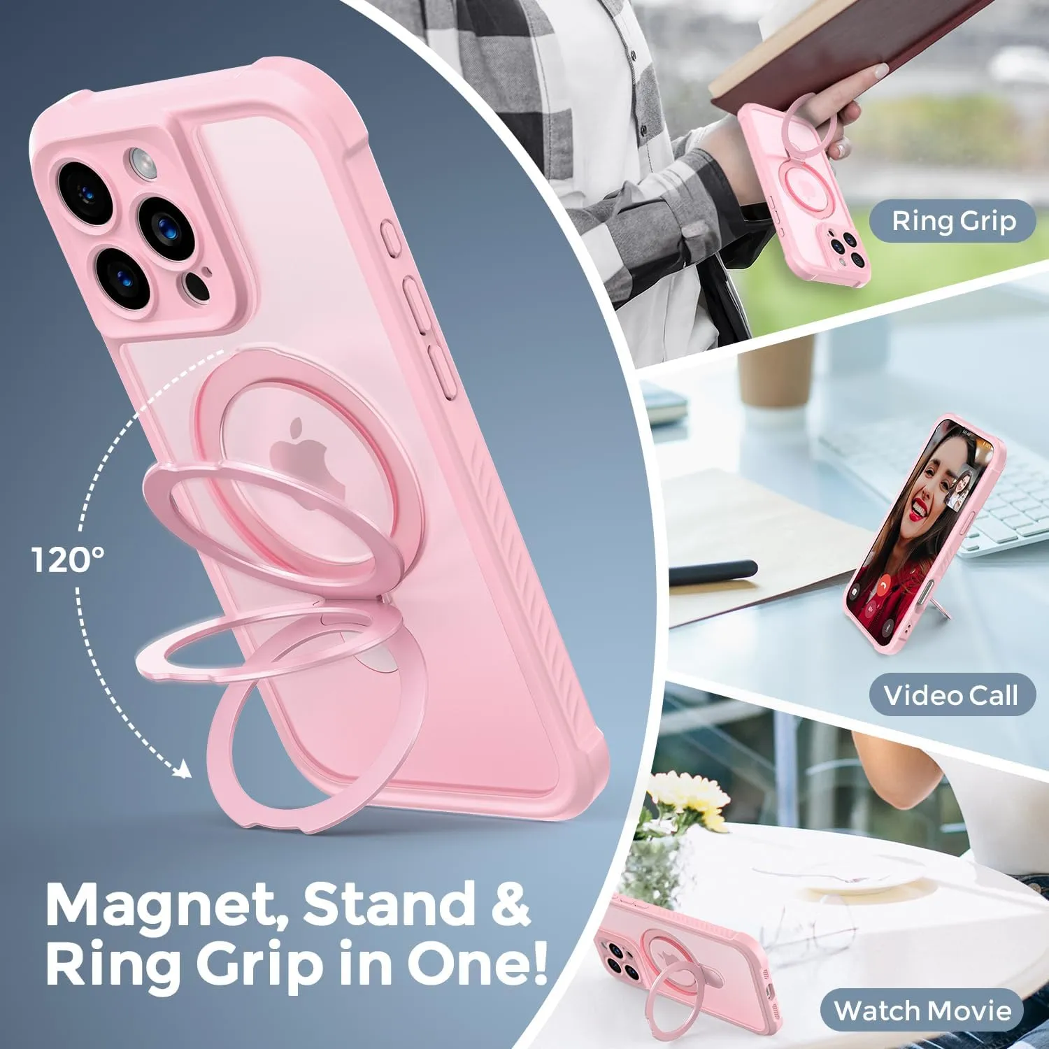 MOCCA Design for iPhone 16 Pro Case with Magnetic Invisible Stand [Full Camera Protection] [Compatible with Magsafe] Military Drop Shockproof Translucent Matte Phone Case Cover 6.3",Pink