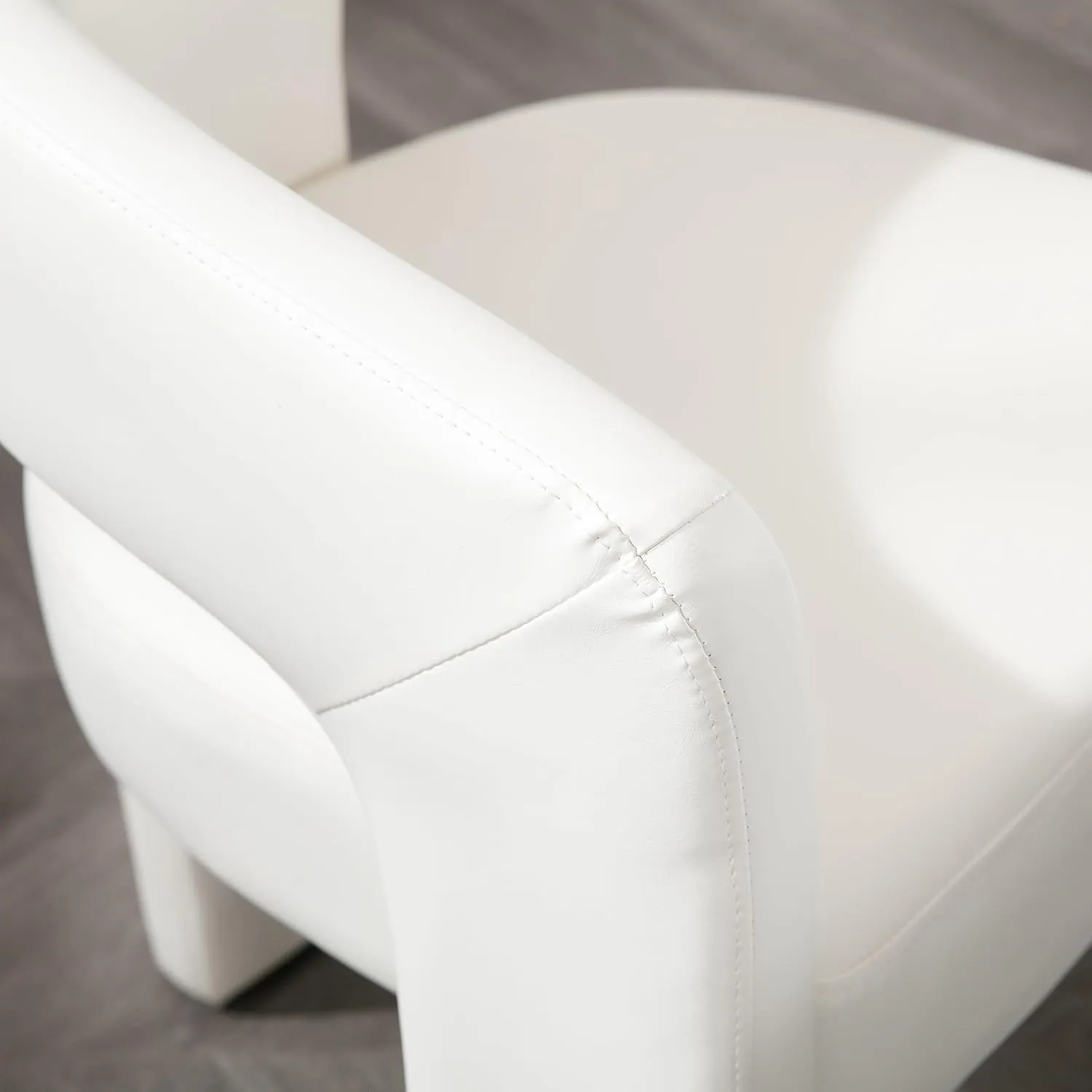 Modern Barrel Dining Chair, PU Leather Upholstered Accent Side Chair with Arms Comfy Makeup Vanity Chair, Dining Living Room Kitchen Chair, White