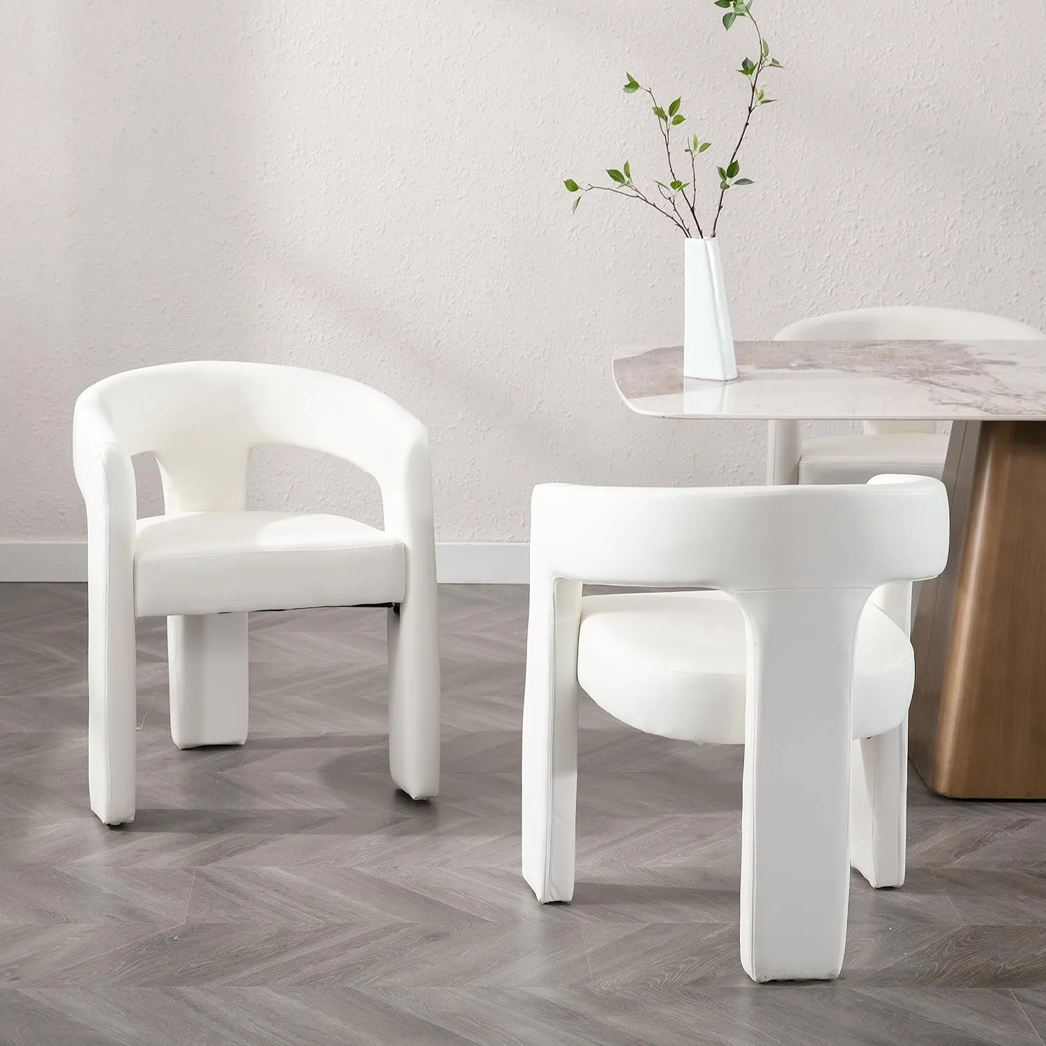 Modern Barrel Dining Chair, PU Leather Upholstered Accent Side Chair with Arms Comfy Makeup Vanity Chair, Dining Living Room Kitchen Chair, White