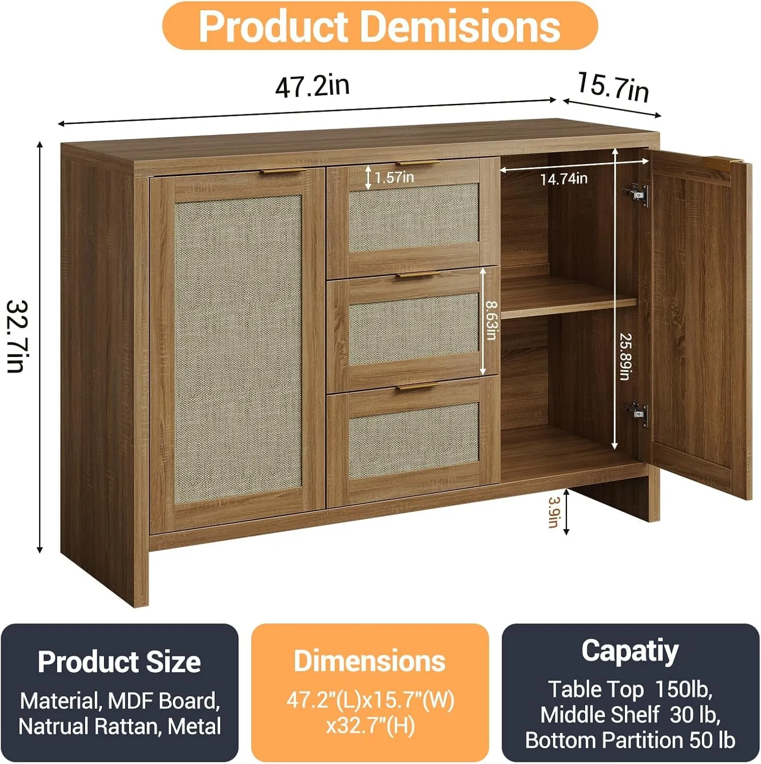 Modern Rattan Buffet Cabinet Sideboard with Storage,47.2" Boho Credenza Buffet Console Table with Drawers&Doors,Wooden Coffee Bar Cabinet for Entryway/Living Room/Farmhouse(Natural Oak,2pc)