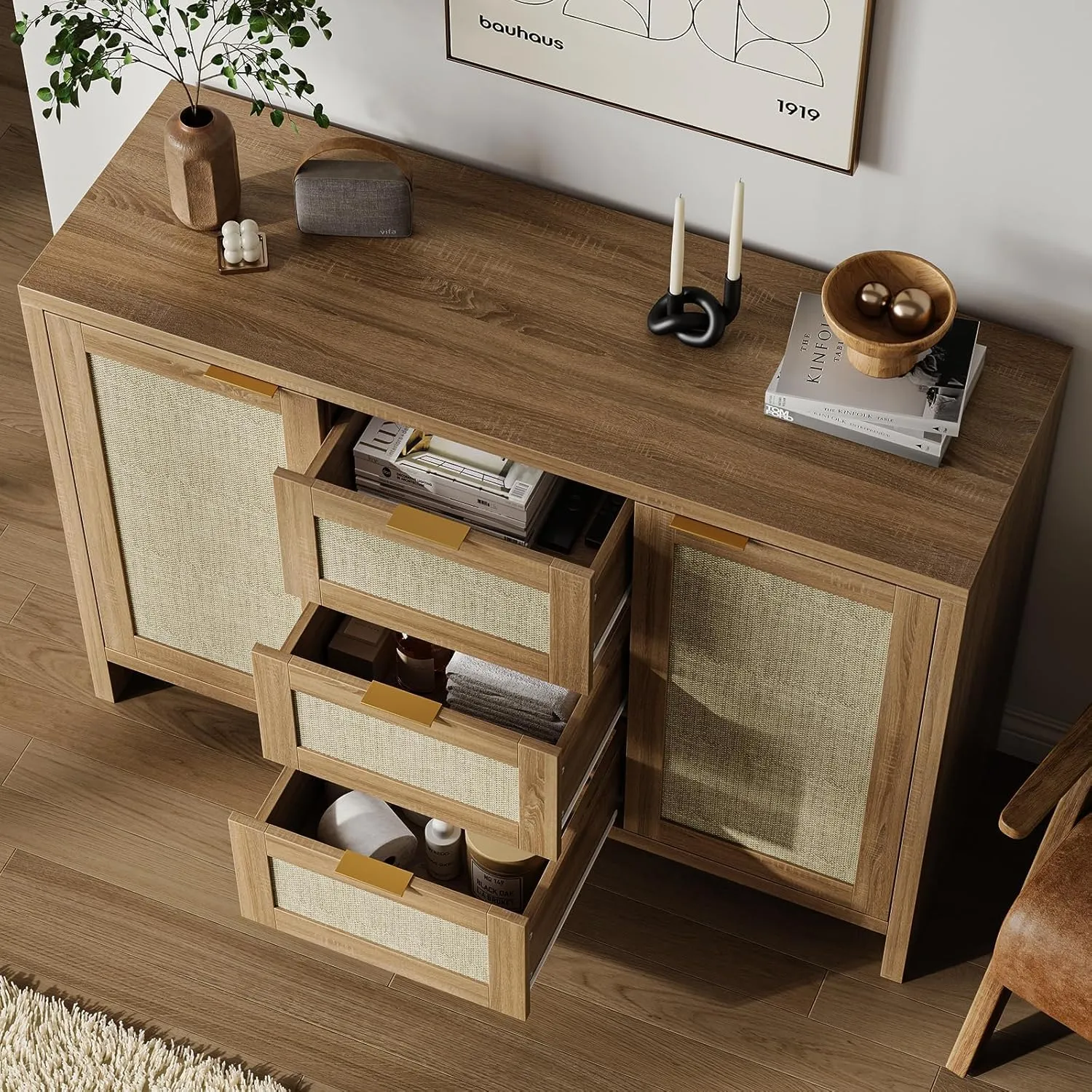 Modern Rattan Buffet Cabinet Sideboard with Storage,47.2" Boho Credenza Buffet Console Table with Drawers&Doors,Wooden Coffee Bar Cabinet for Entryway/Living Room/Farmhouse(Natural Oak,2pc)
