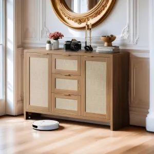 Modern Rattan Buffet Cabinet Sideboard with Storage,47.2" Boho Credenza Buffet Console Table with Drawers&Doors,Wooden Coffee Bar Cabinet for Entryway/Living Room/Farmhouse(Natural Oak,2pc)