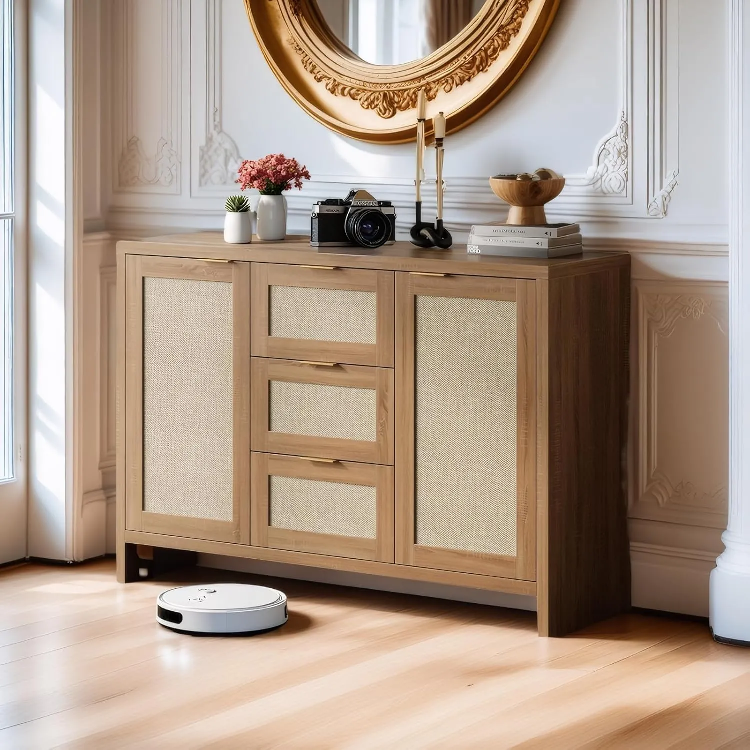Modern Rattan Buffet Cabinet Sideboard with Storage,47.2" Boho Credenza Buffet Console Table with Drawers&Doors,Wooden Coffee Bar Cabinet for Entryway/Living Room/Farmhouse(Natural Oak,2pc)