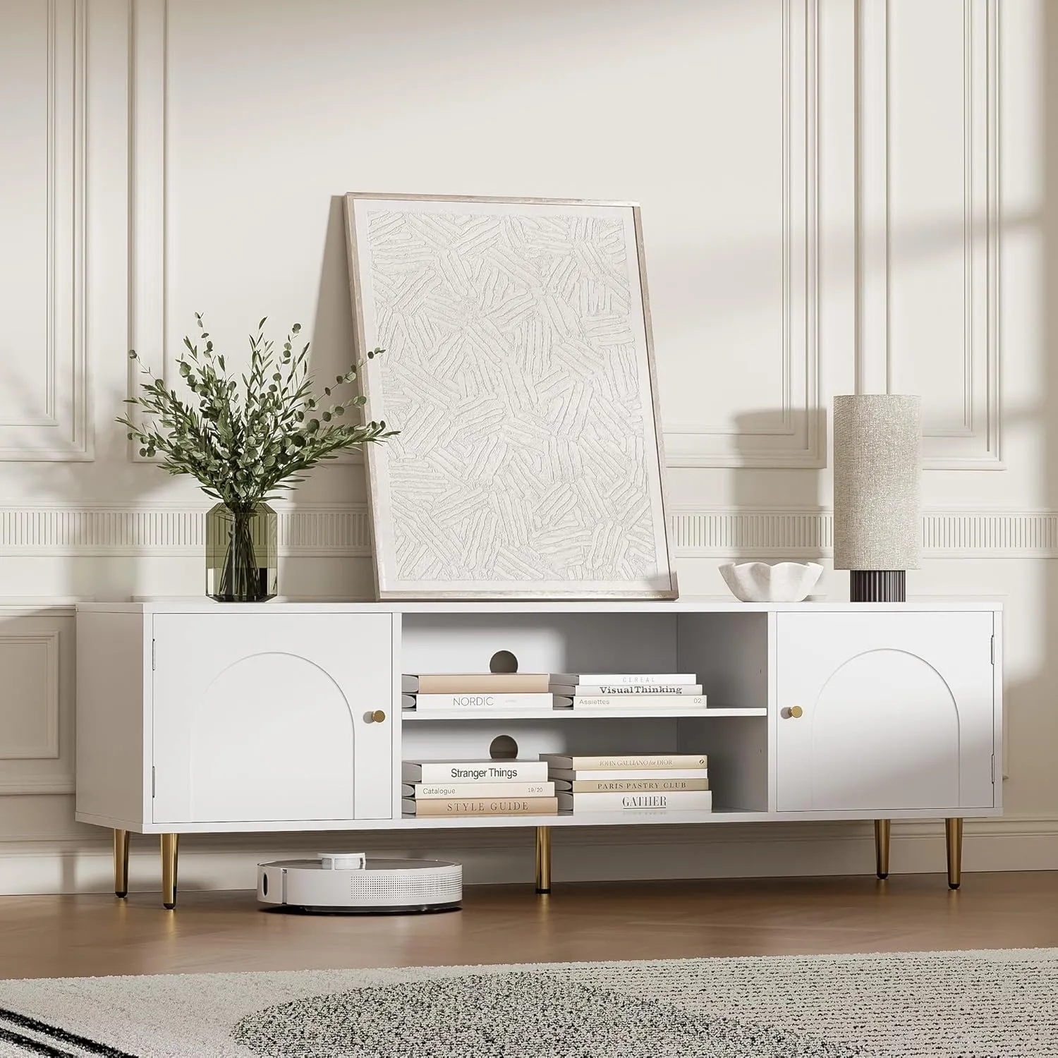 Modern TV Stand for 50/55/60 inch TV, TV Stand with Doors, Entertainment Center with Adjustable Shelf and Storage Cabinets, TV Media Console for Living Room, Bedroom, White