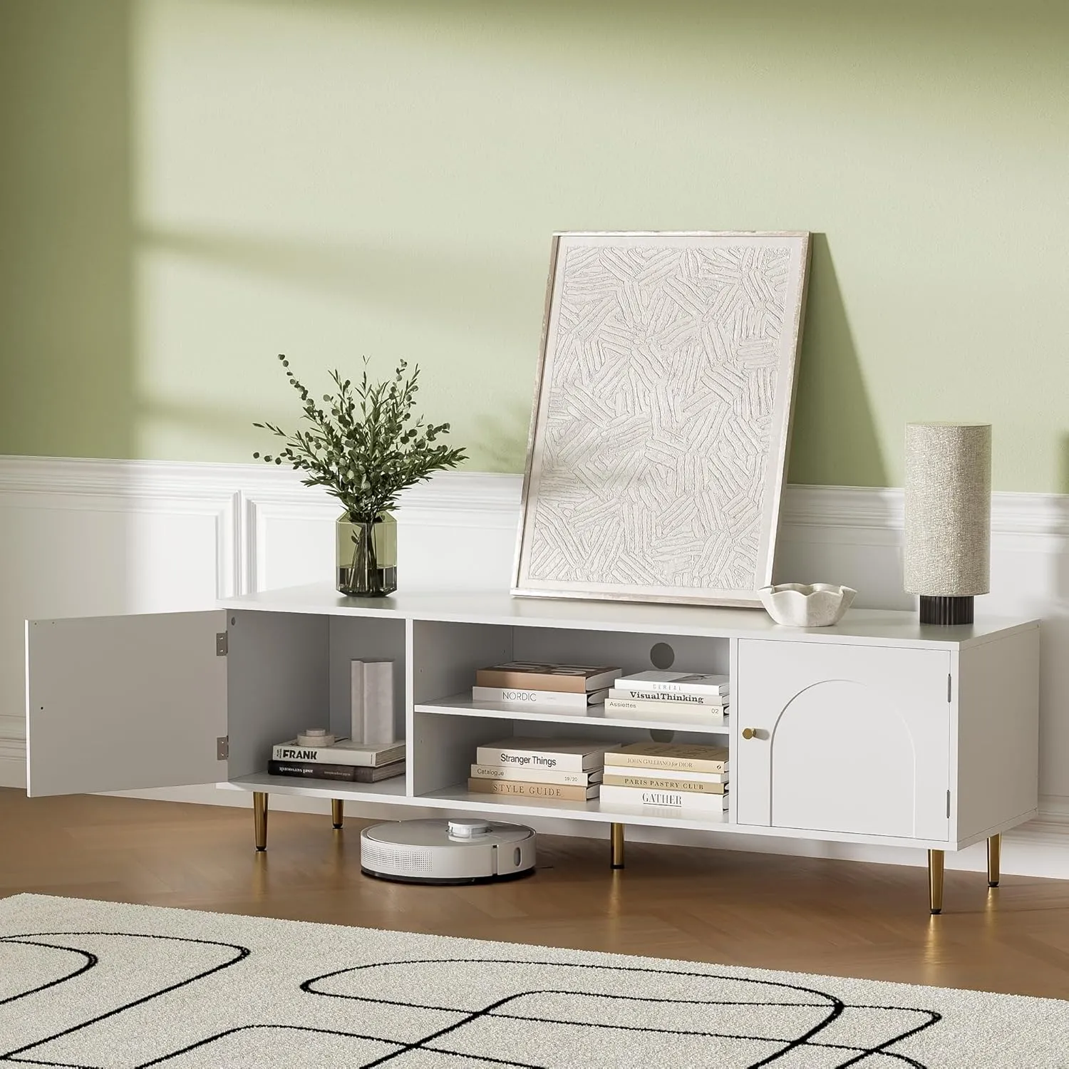 Modern TV Stand for 50/55/60 inch TV, TV Stand with Doors, Entertainment Center with Adjustable Shelf and Storage Cabinets, TV Media Console for Living Room, Bedroom, White