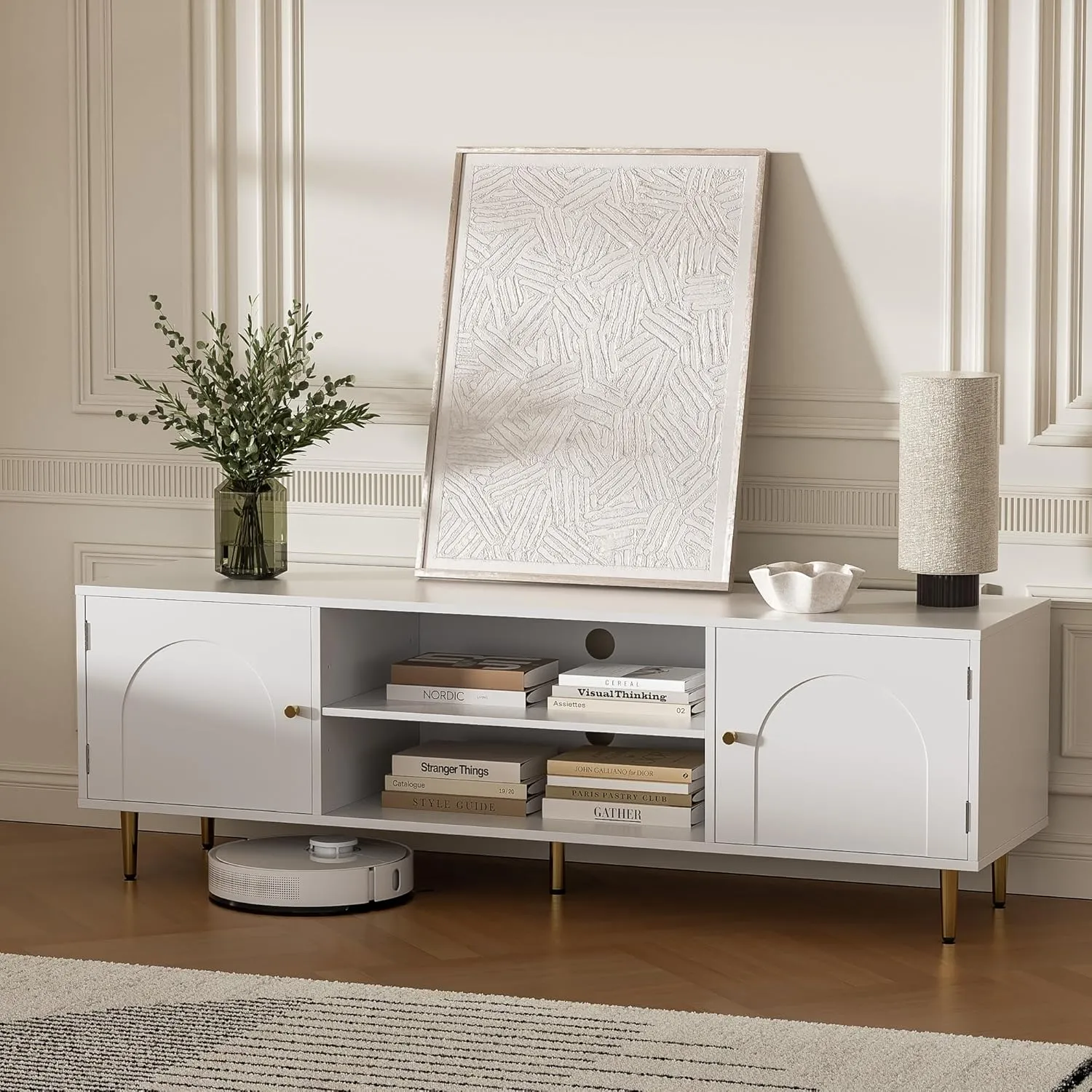 Modern TV Stand for 50/55/60 inch TV, TV Stand with Doors, Entertainment Center with Adjustable Shelf and Storage Cabinets, TV Media Console for Living Room, Bedroom, White