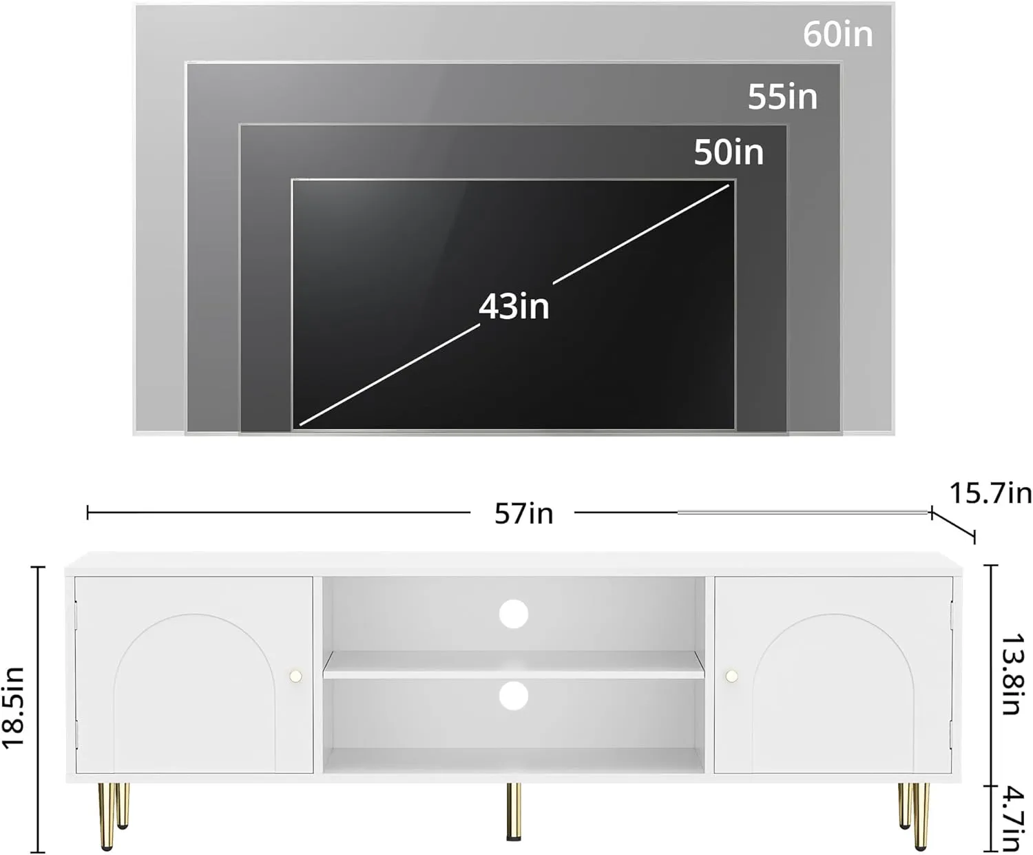 Modern TV Stand for 50/55/60 inch TV, TV Stand with Doors, Entertainment Center with Adjustable Shelf and Storage Cabinets, TV Media Console for Living Room, Bedroom, White