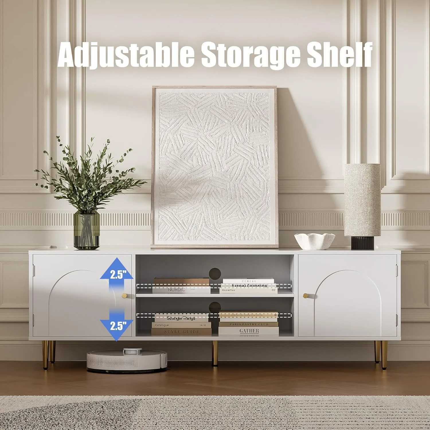 Modern TV Stand for 50/55/60 inch TV, TV Stand with Doors, Entertainment Center with Adjustable Shelf and Storage Cabinets, TV Media Console for Living Room, Bedroom, White