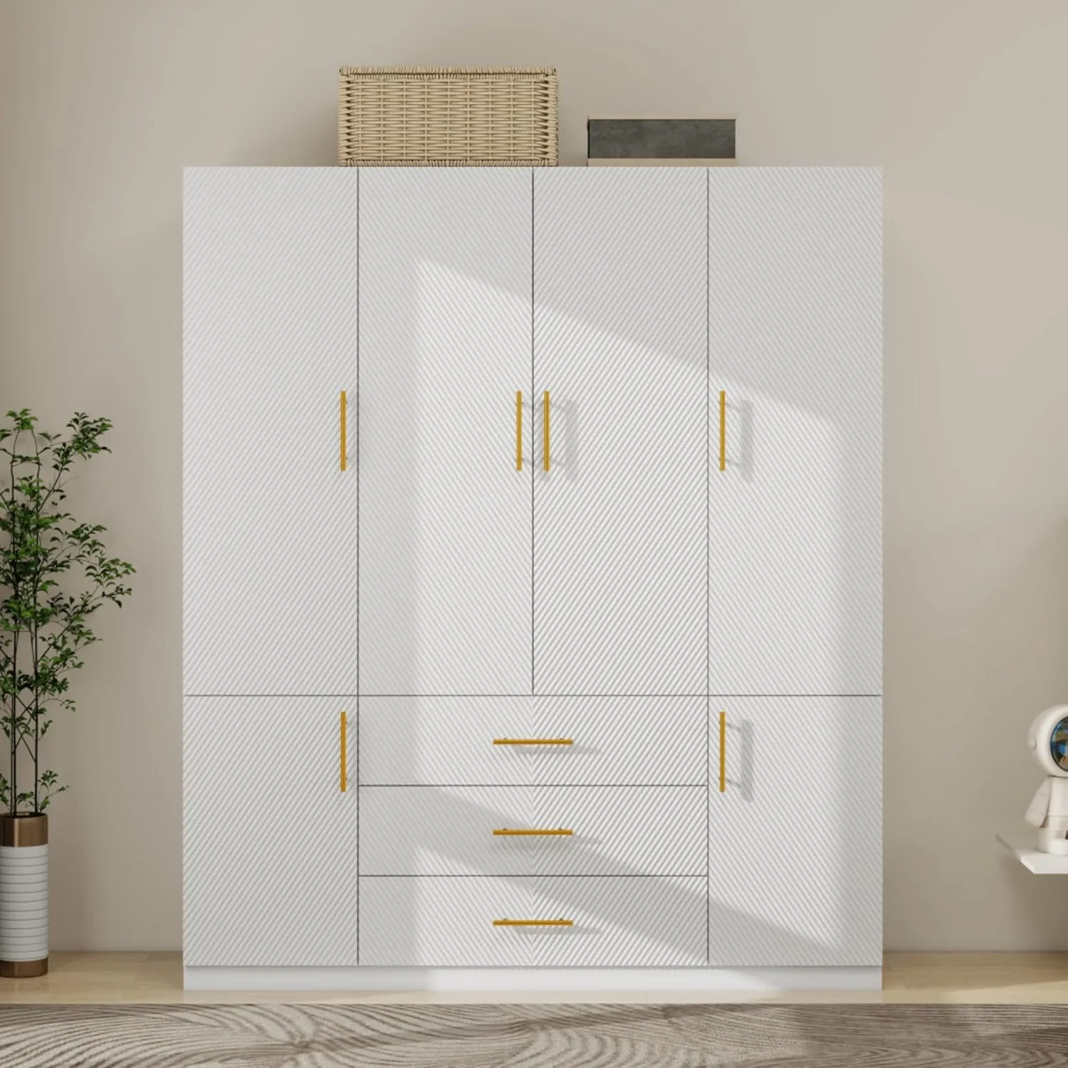 ModMakers 74.2"H Wooden 4 Door 3 Drawer White Wood Wardrobe Armoire Freestanding Closet Cabinet with Hanging Rod, Wooden Clothes Organizer