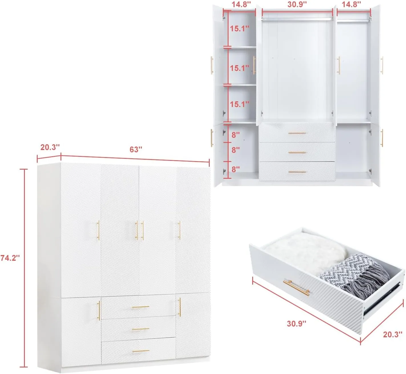 ModMakers 74.2"H Wooden 4 Door 3 Drawer White Wood Wardrobe Armoire Freestanding Closet Cabinet with Hanging Rod, Wooden Clothes Organizer