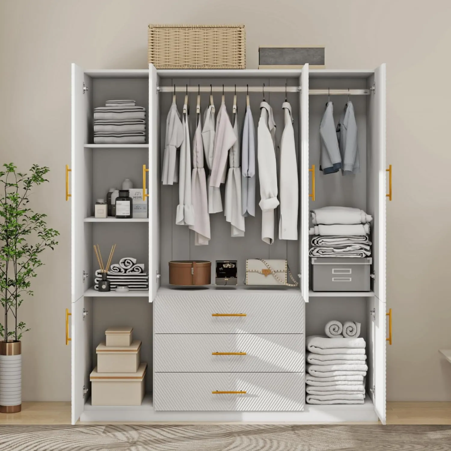 ModMakers 74.2"H Wooden 4 Door 3 Drawer White Wood Wardrobe Armoire Freestanding Closet Cabinet with Hanging Rod, Wooden Clothes Organizer