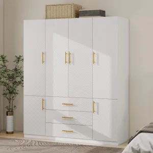 ModMakers 74.2"H Wooden 4 Door 3 Drawer White Wood Wardrobe Armoire Freestanding Closet Cabinet with Hanging Rod, Wooden Clothes Organizer