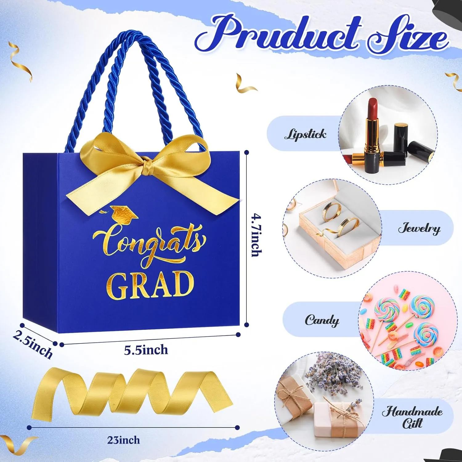 Moinchore 30 Pcs Blue Gold Graduation Gift Bags Bulk 5.5 x 4.7 x 2.5'' Small 2025 Congrats Grad Favor Bags with Handles Bow Ribbon Wrap Graduation Day Paper Party Supplies for College High School
