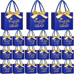 Moinchore 30 Pcs Blue Gold Graduation Gift Bags Bulk 5.5 x 4.7 x 2.5'' Small 2025 Congrats Grad Favor Bags with Handles Bow Ribbon Wrap Graduation Day Paper Party Supplies for College High School