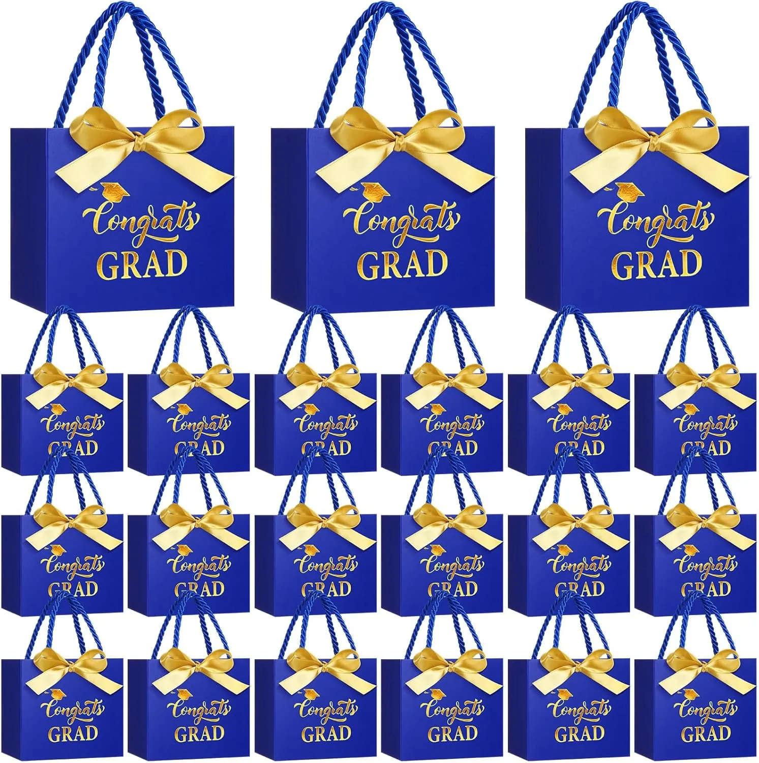 Moinchore 30 Pcs Blue Gold Graduation Gift Bags Bulk 5.5 x 4.7 x 2.5'' Small 2025 Congrats Grad Favor Bags with Handles Bow Ribbon Wrap Graduation Day Paper Party Supplies for College High School