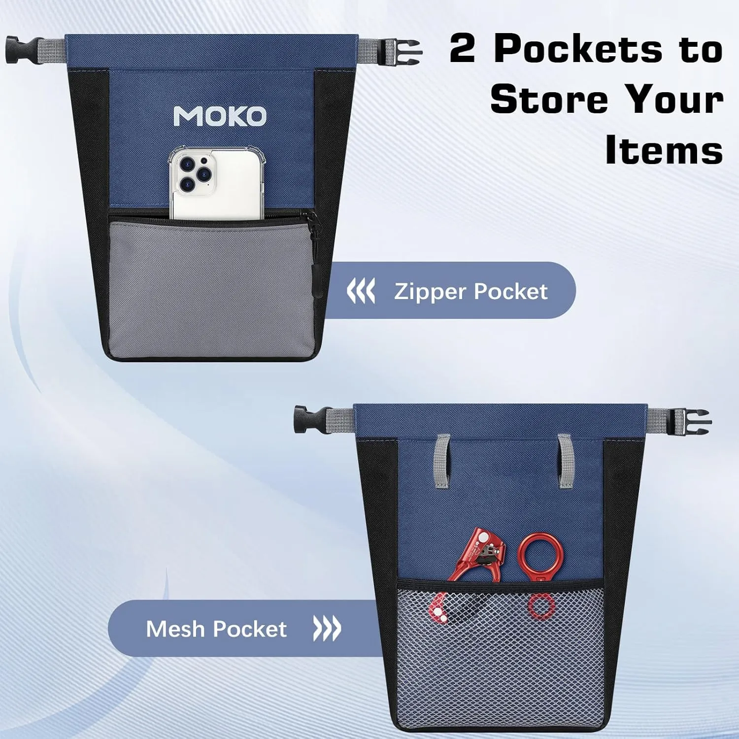 MoKo Chalk Bag for Rock Climbing, Large Capacity Climbing Chalk Bag with Magnetic Snap and Zipper Pocket, Portable Chalk Bucket for Rock Climbing, Weight Lifting, Bouldering, Gymnastics, Fitness