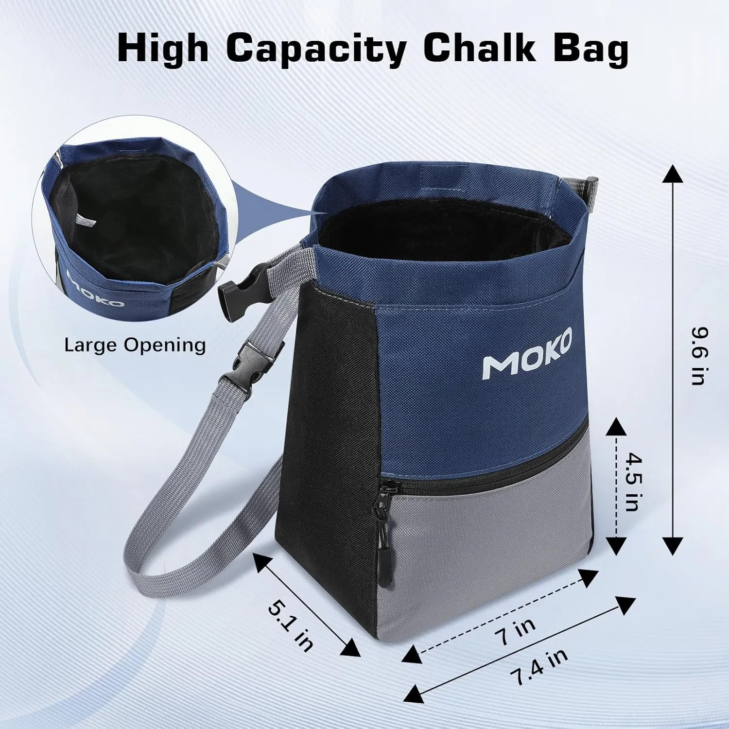 MoKo Chalk Bag for Rock Climbing, Large Capacity Climbing Chalk Bag with Magnetic Snap and Zipper Pocket, Portable Chalk Bucket for Rock Climbing, Weight Lifting, Bouldering, Gymnastics, Fitness