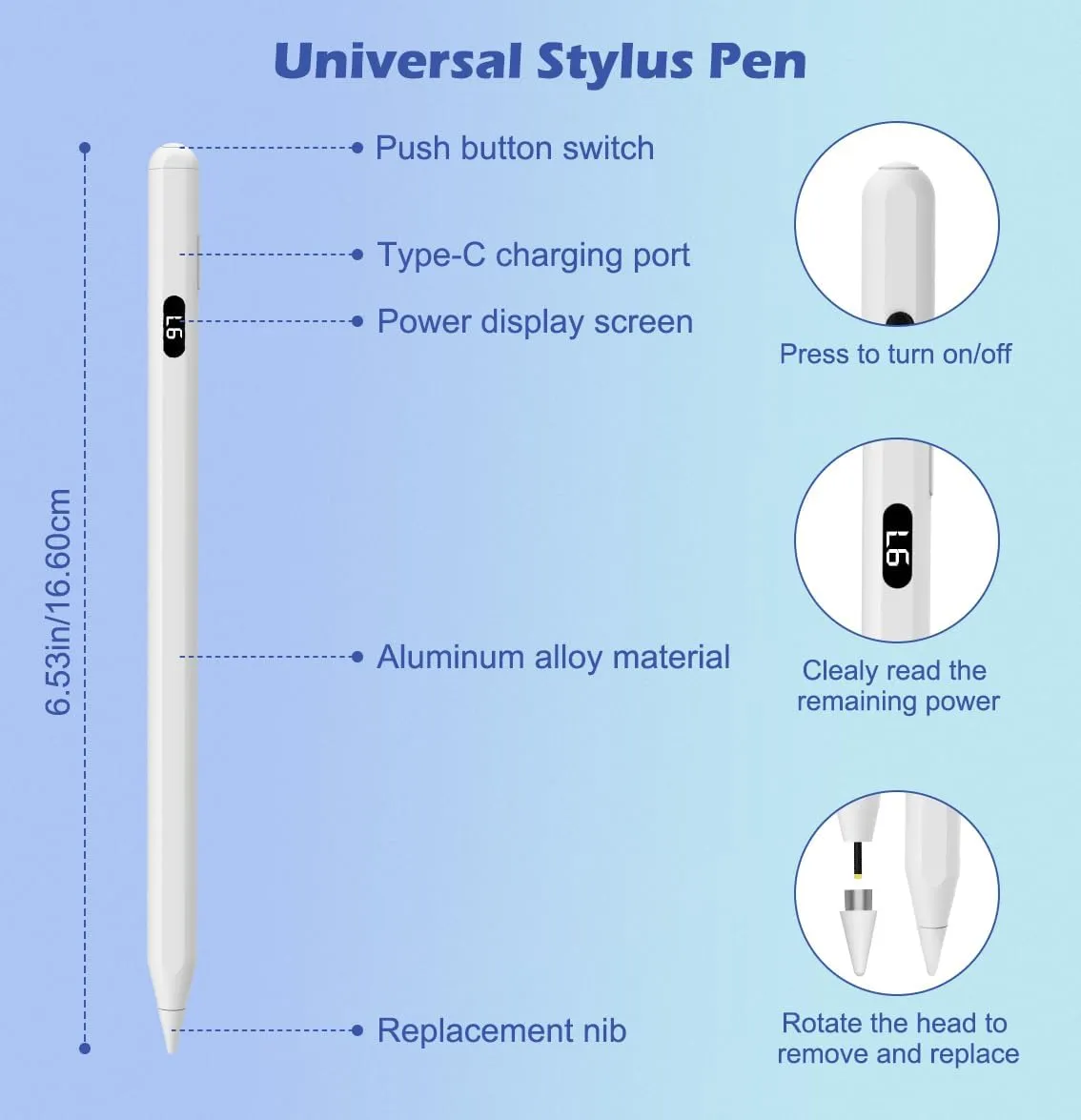 MoKo Stylus Pens for Touch Screens, Fast Charge Stylus Pen for Apple iPad/iPhone/Samsung/Lenovo/iOS/Android Tablets&Smart Phone Universal Stylus Capacitive Screen Pencil with Power Display, White