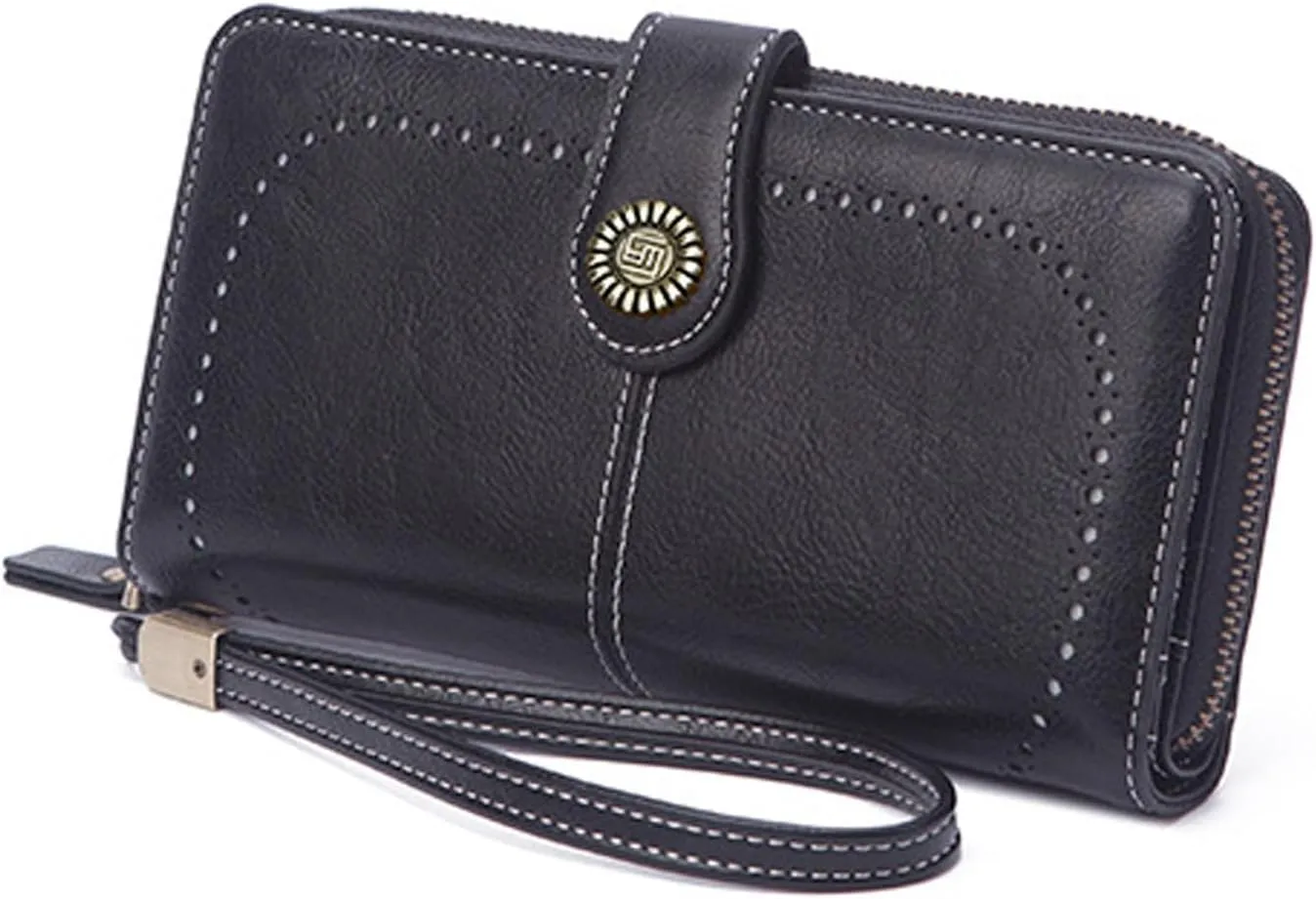 Mokoze Black Wallet for Women, PU Leather Large Capacity Bifold Wallets with Wrist Strap and Zipper for Hold Credit Cards/Cell Phones/Keys, Girlfriends Mother's Day Gifts