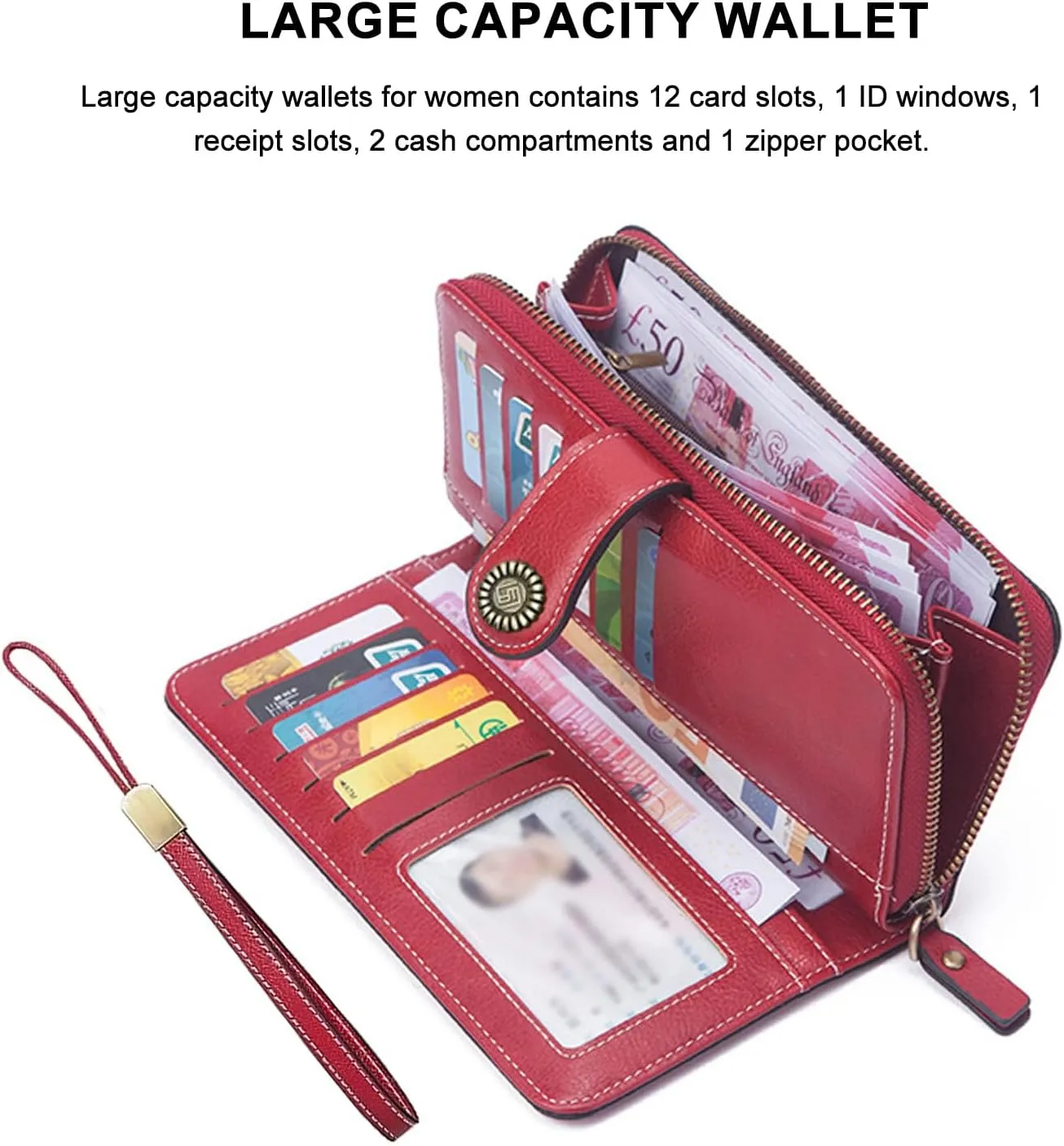 Mokoze Black Wallet for Women, PU Leather Large Capacity Bifold Wallets with Wrist Strap and Zipper for Hold Credit Cards/Cell Phones/Keys, Girlfriends Mother's Day Gifts