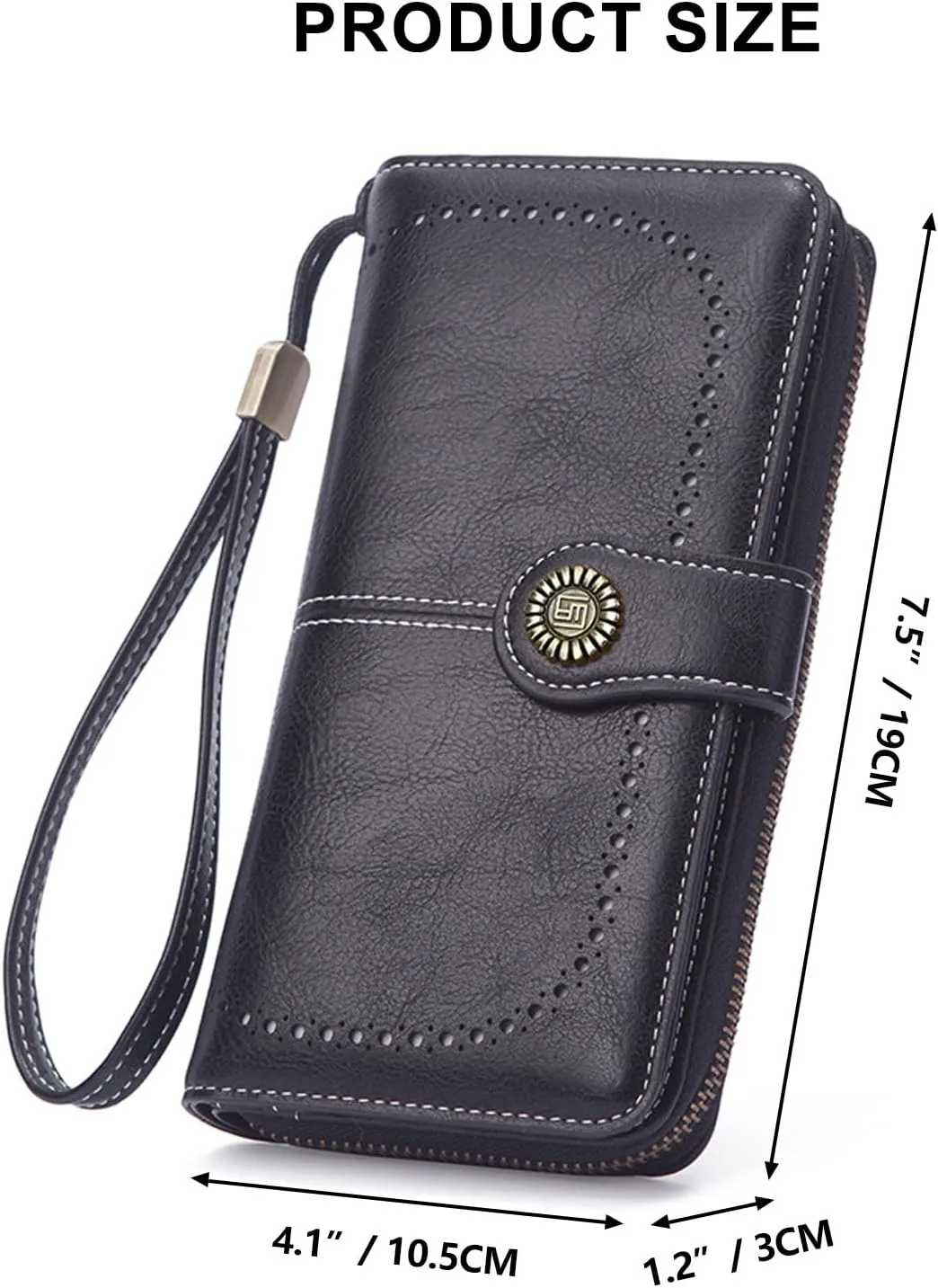 Mokoze Black Wallet for Women, PU Leather Large Capacity Bifold Wallets with Wrist Strap and Zipper for Hold Credit Cards/Cell Phones/Keys, Girlfriends Mother's Day Gifts