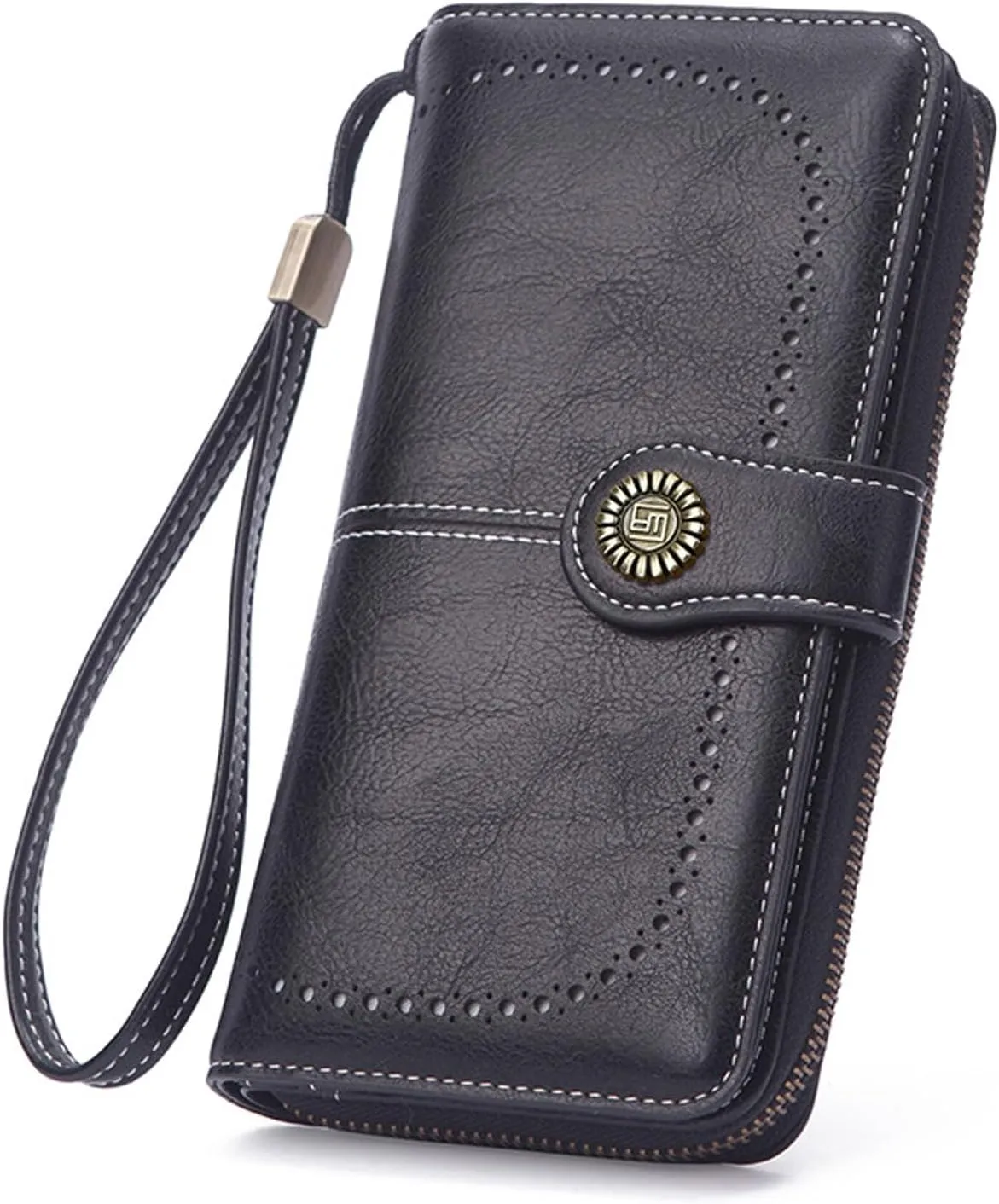 Mokoze Black Wallet for Women, PU Leather Large Capacity Bifold Wallets with Wrist Strap and Zipper for Hold Credit Cards/Cell Phones/Keys, Girlfriends Mother's Day Gifts