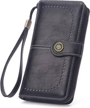 Mokoze Black Wallet for Women, PU Leather Large Capacity Bifold Wallets with Wrist Strap and Zipper for Hold Credit Cards/Cell Phones/Keys, Girlfriends Mother's Day Gifts